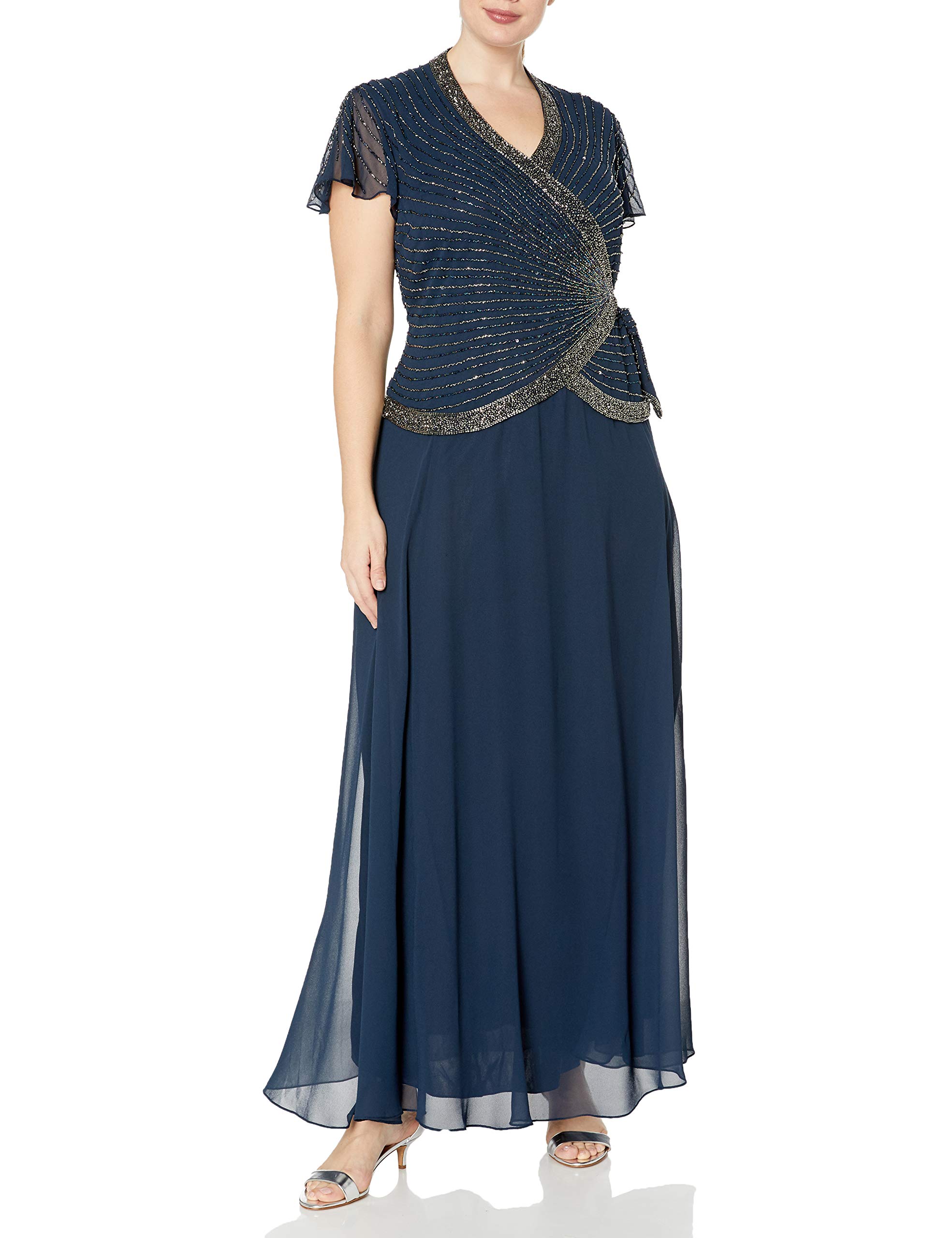 J Kara Women's Plus Size Beaded Flutter Sleeve Dress - Elegant Boho Maxi Dress for Weddings, Parties & Special Occasions