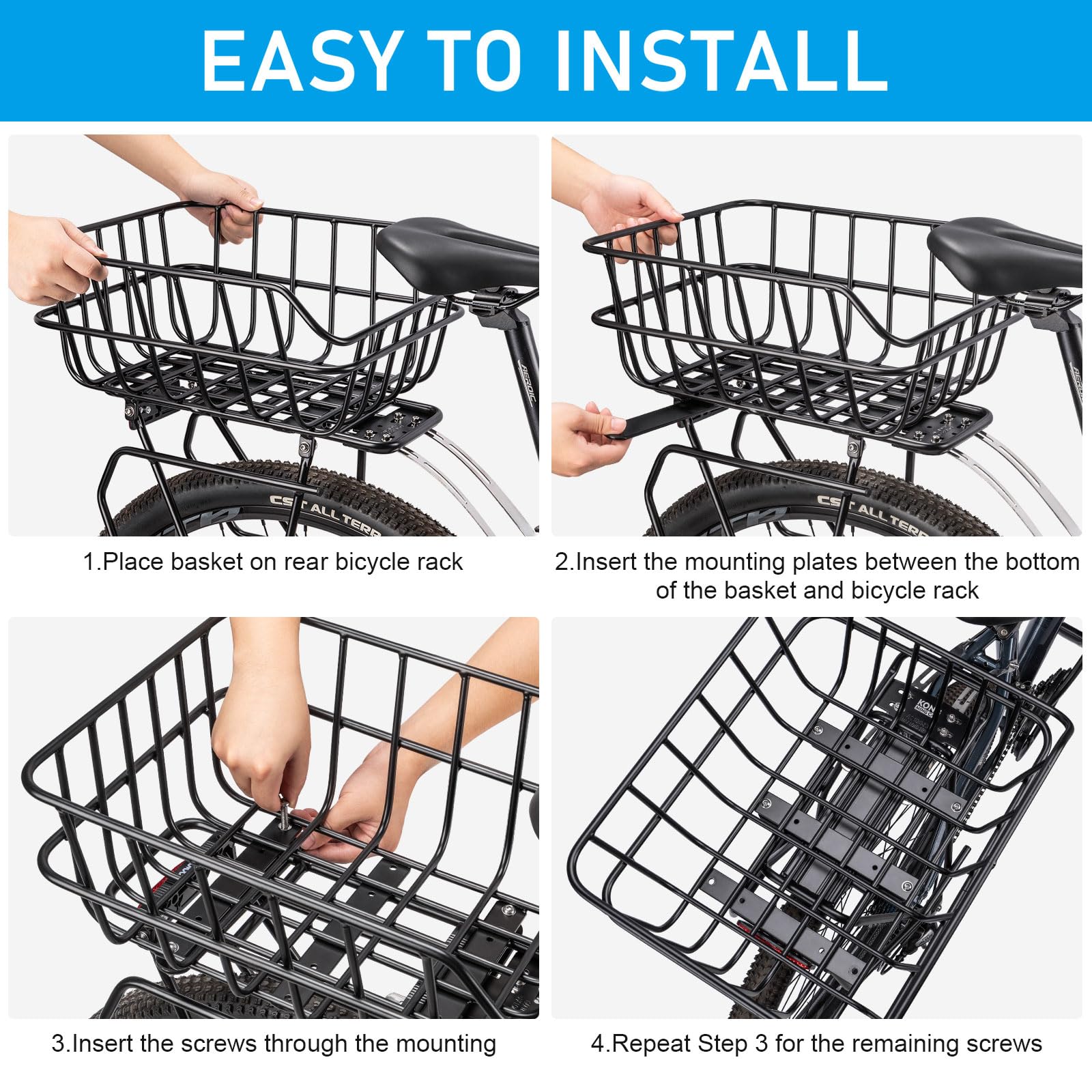 CXWXC Rear Bike Basket - Large Capacity Aluminum Bicycle Rear Cargo Basket with Waterproof Cover & Cargo Net - Rear Mount Bike Basket for Commuting, Grocery Shopping & Outdoor Adventures