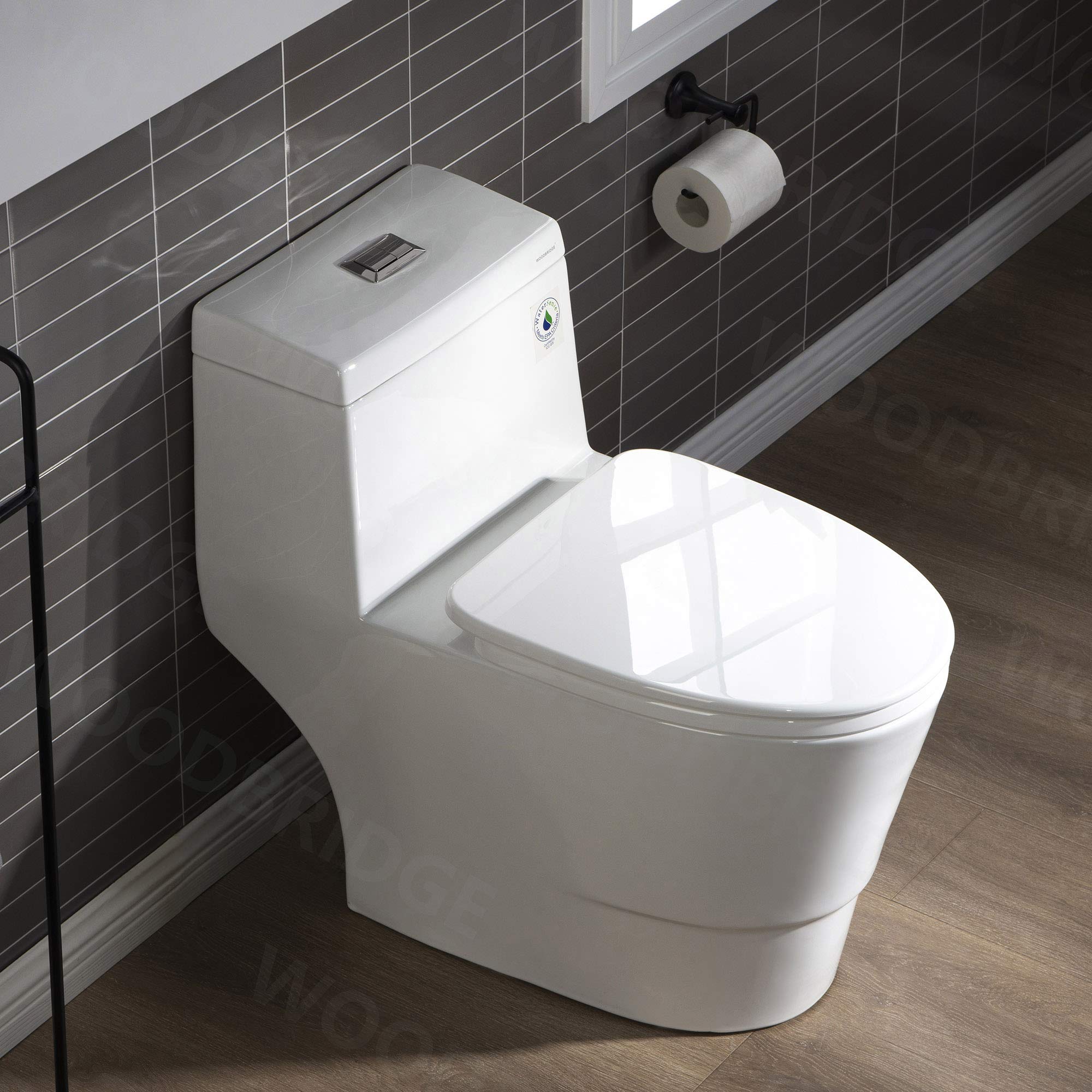 WOODBRIDGE One Piece Toilet with Soft Closing Seat - Chair Height ADA Compliant, 1.28 GPF Dual Flush Water Saving Toilet with 1000g MaP Flushing Score & Brushed Nickel Button (T0001-BN, White) - Perfect for Modern Bathrooms, Small Spaces & Water Conservation Homes