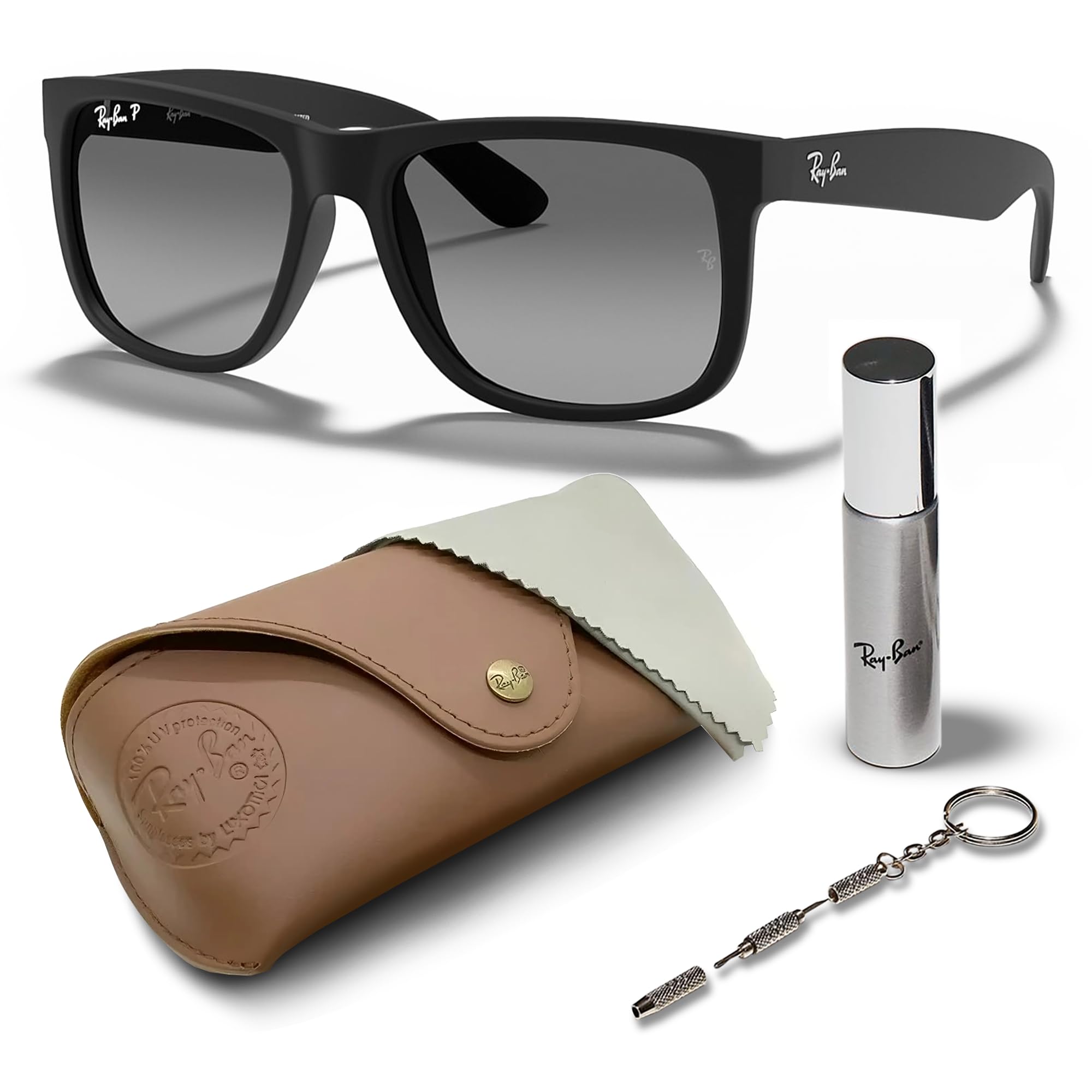 Ray-Ban RB4165 JUSTIN Classic Square Sunglasses for Men & Women - Premium Polarized UV Protection - High Bridge Fit - Includes Eyewear Cleaning Kit - Perfect for Driving, Beach & Outdoor Activities