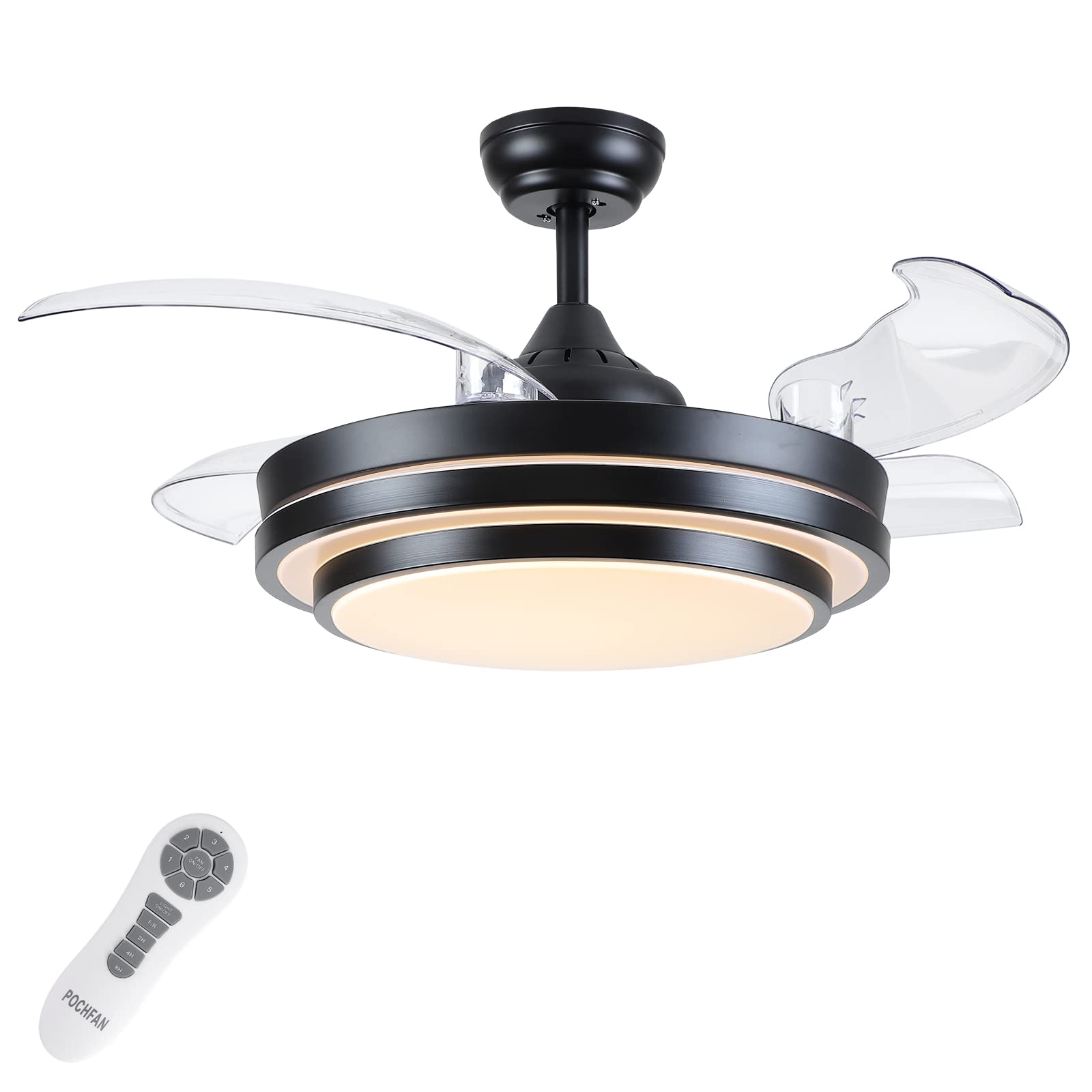 42 Inch Retractable Ceiling Fan with Lights & Remote Control - Modern Black Ceiling Fan with 4 Retractable Blades, 6 Speeds, 3 Color Options, Timer & Silent DC Motor - Perfect for Bedroom, Living Room & Home Office
