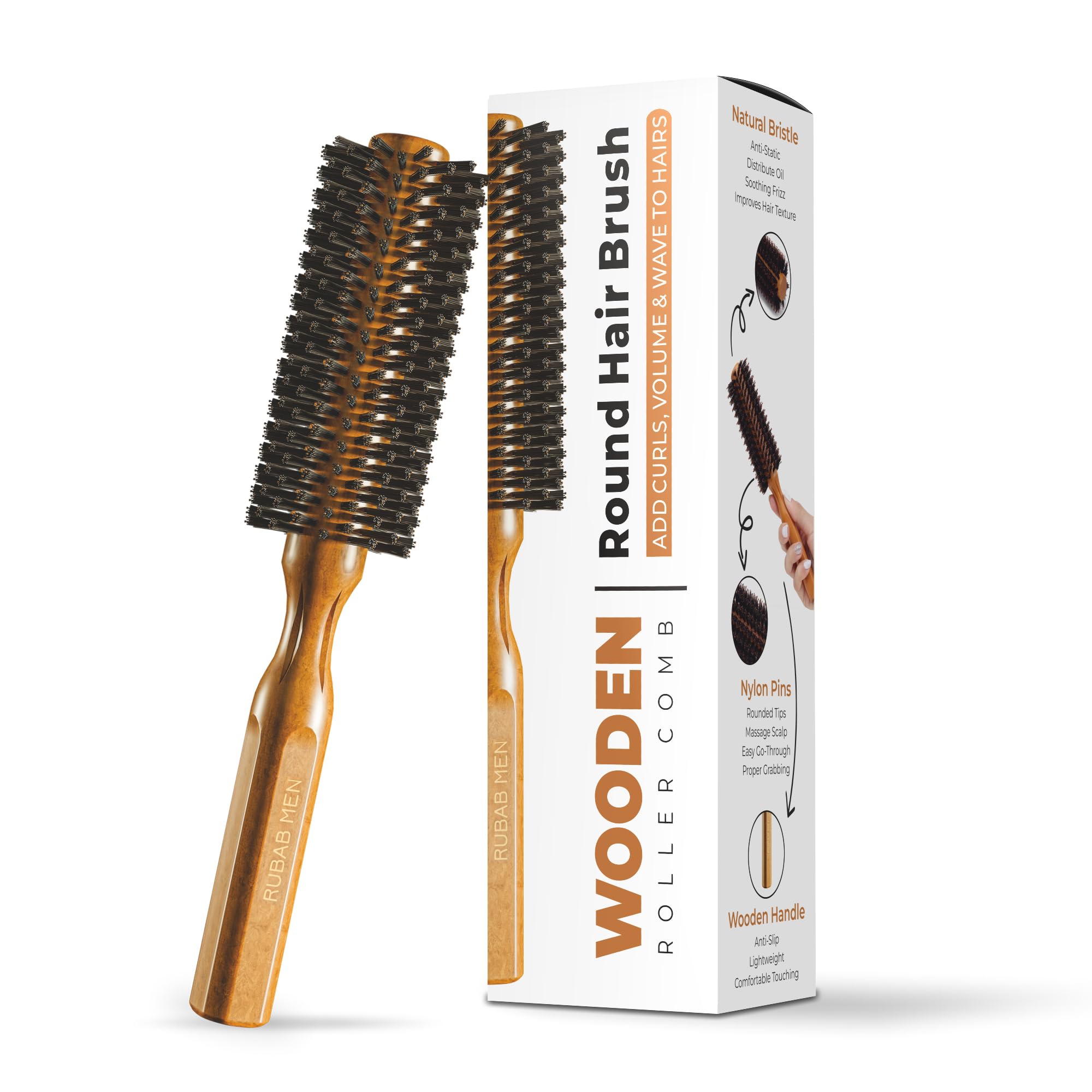 Premium Round Hair Brush Comb for Men & Women - Wooden Handle with Anti-Slip Grip & Natural Bristles | Volumizing, Straightening, Curling & Blow Drying Styling Tool | Perfect for Salon, Home Hair Care & Travel Styling