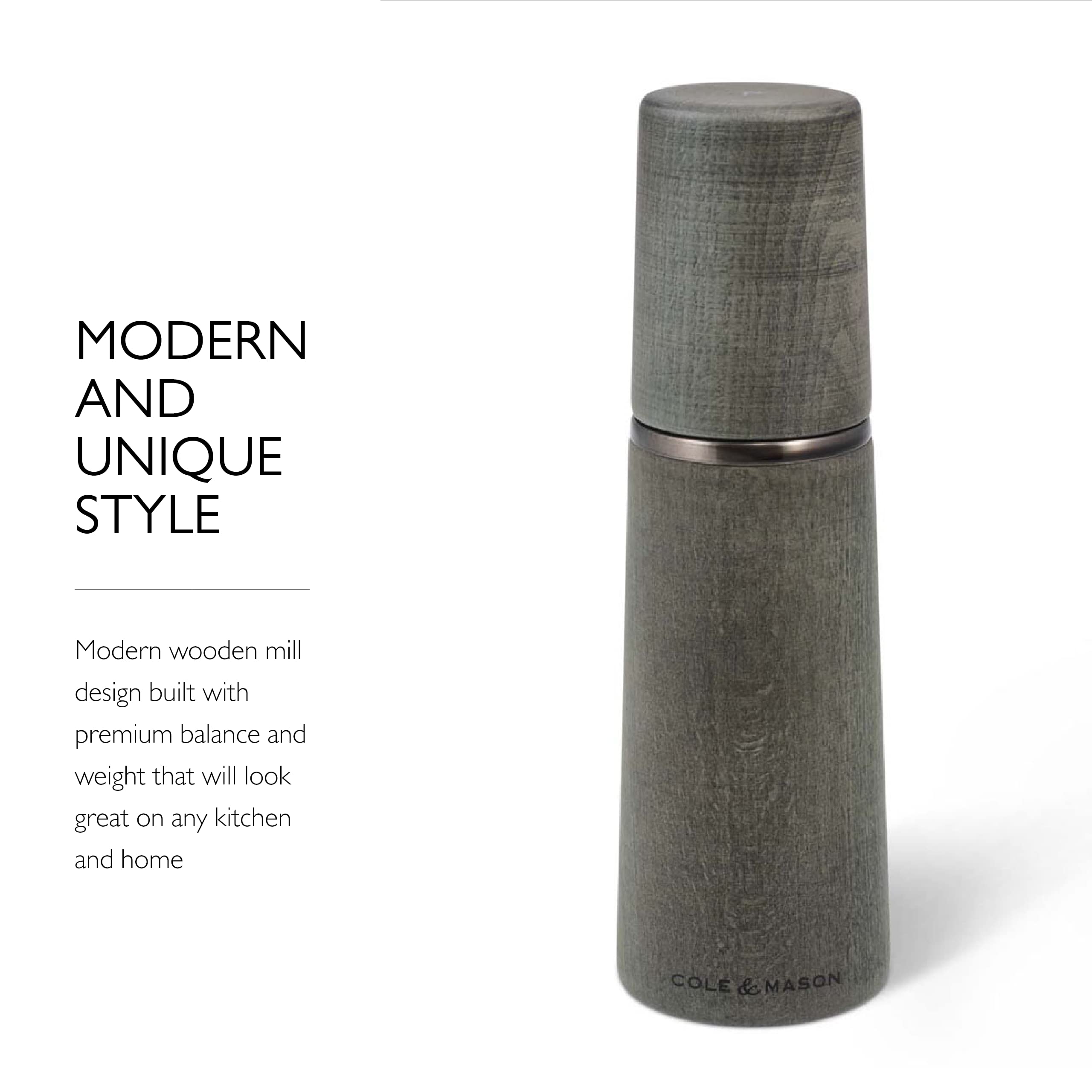 Cole & Mason Marlow Rustic Grey Wood Pepper Mill - Adjustable Peppercorn Grinder with Refillable Design - Premium Spice Grinder for Kitchen, Dining Table & Restaurant Use - Dark Grey Finish