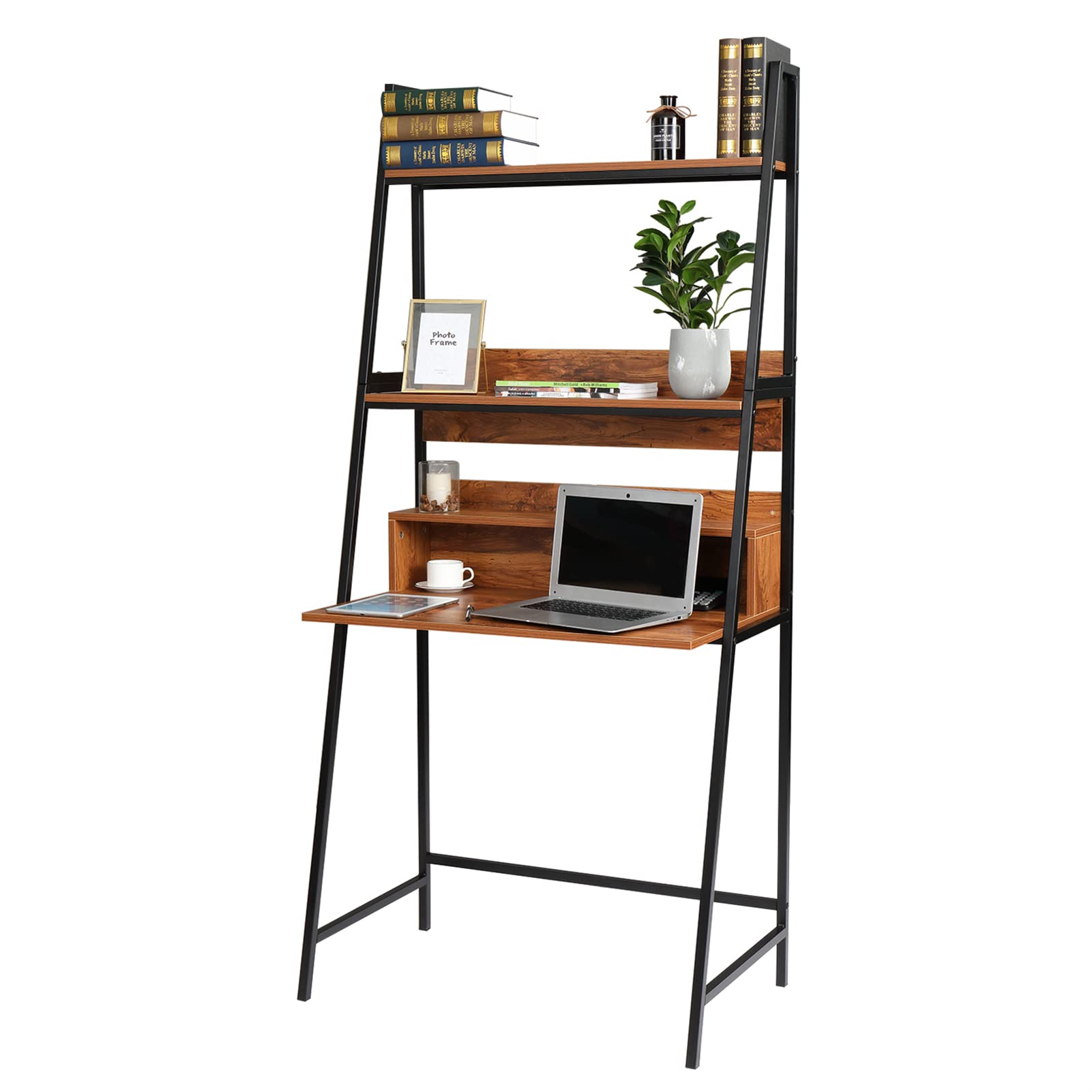 3-Tier Ladder Computer Desk with Shelves & 2 Open Drawers - Industrial Style Space-Saving Home Office Desk with Bookshelf - Perfect for Small Spaces, Study Rooms & Modern Workspaces