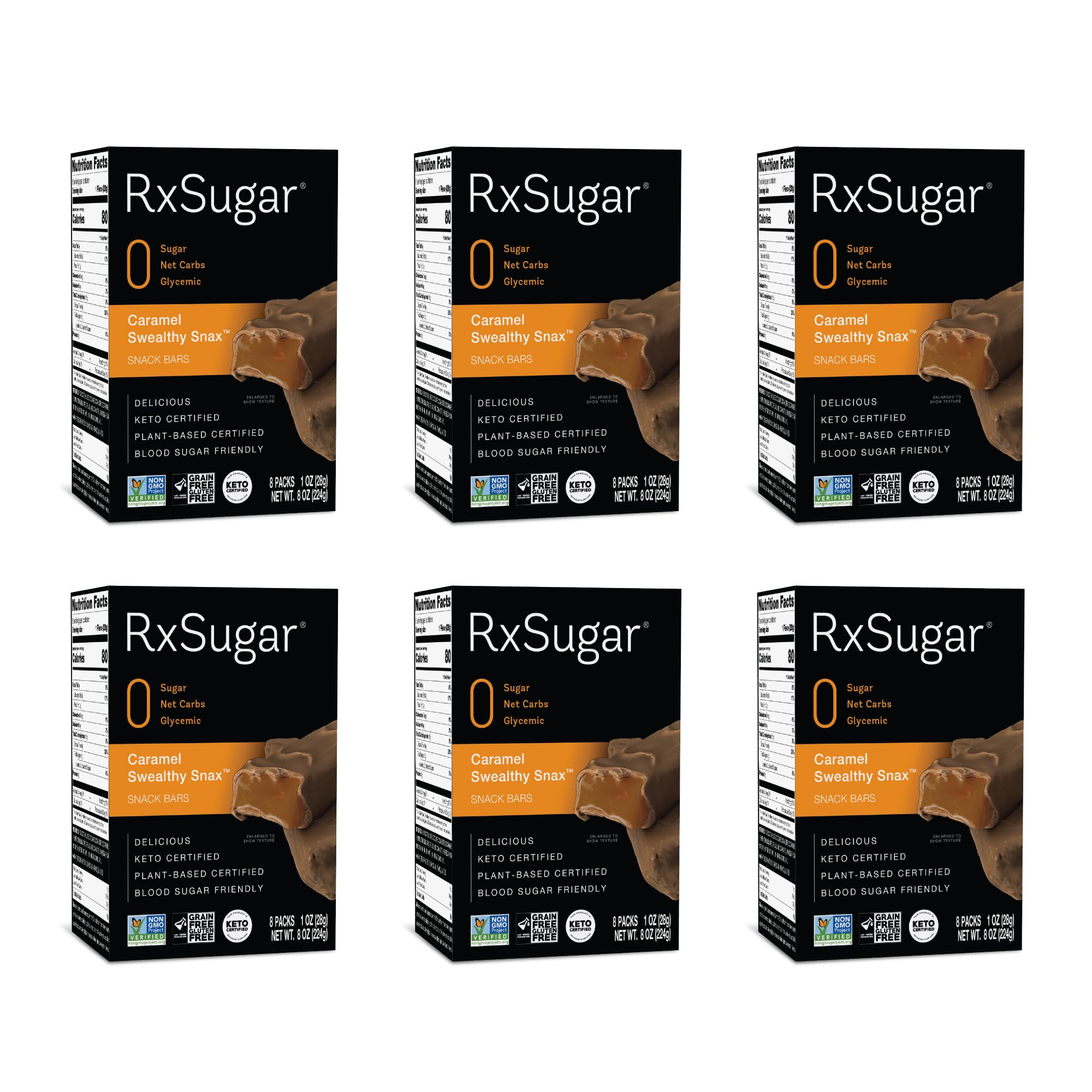 RxSugar Chocolate Swealthy Snax - Sugar-Free, Keto & Diabetic Friendly Candy Bars with Allulose | Zero Net Carbs, Non-GMO, Plant-Based Certified | 48 Bars (6 Packs of 8) - Perfect for Low-Carb Diets, Weight Management & Healthy Snacking On-The-Go (Caramel Flavor)