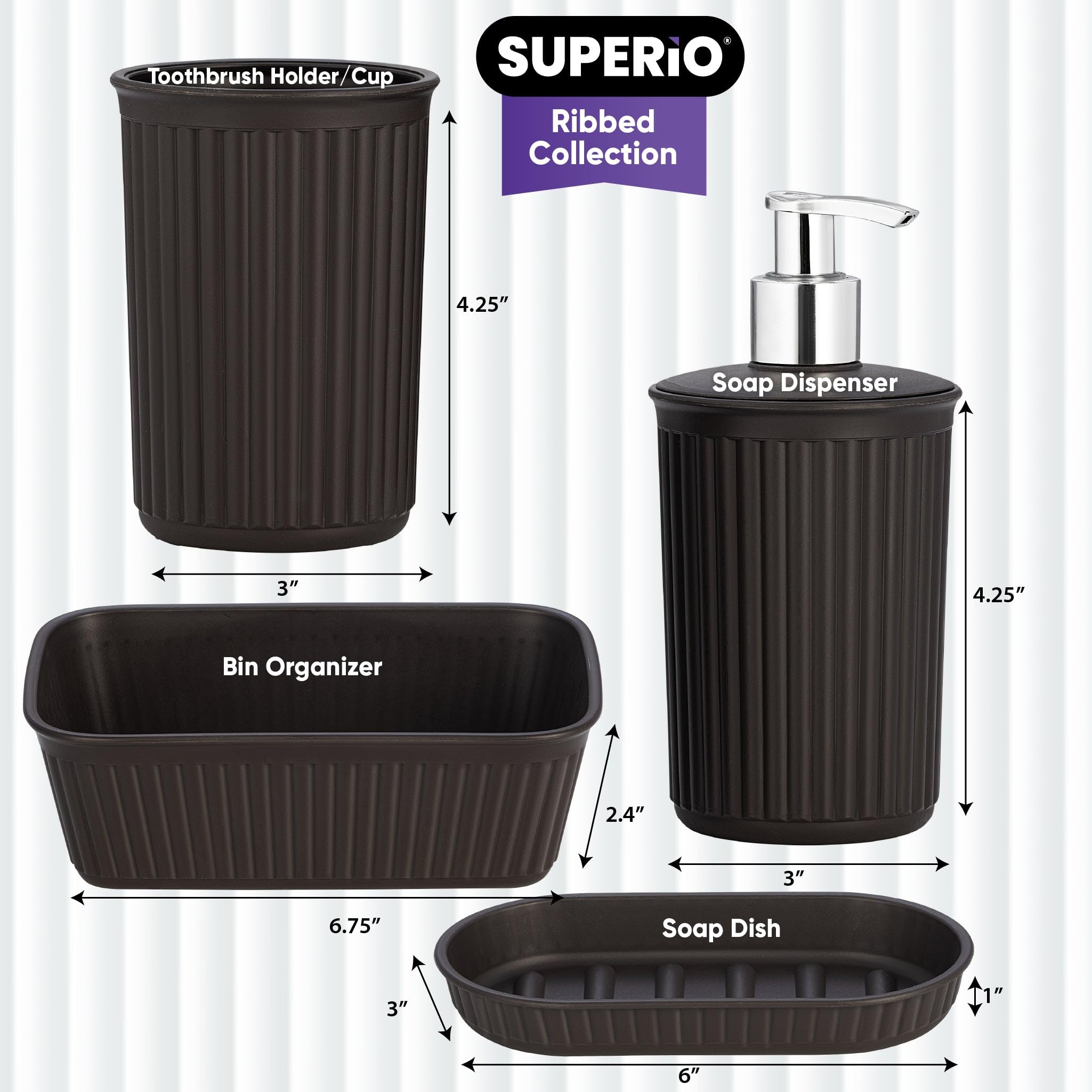Premium Brown Ribbed Bathroom Accessories Set (4-Piece) - Soap Dish, Liquid Dispenser, Toothbrush Holder & Vanity Tray - Modern Countertop Decor for Home, Spa, Hotel & Guest Bathrooms - Perfect Housewarming Gift