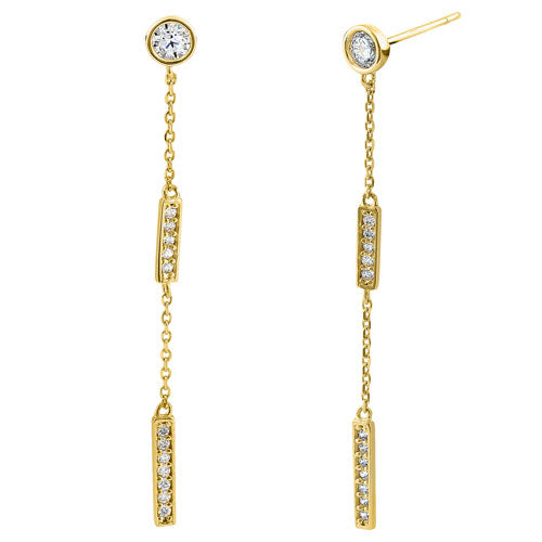 14K Yellow Gold Rectangular Bar CZ Dangle Earrings for Women - Cubic Zirconia Drop Earrings for Party, Wedding & Evening Wear
