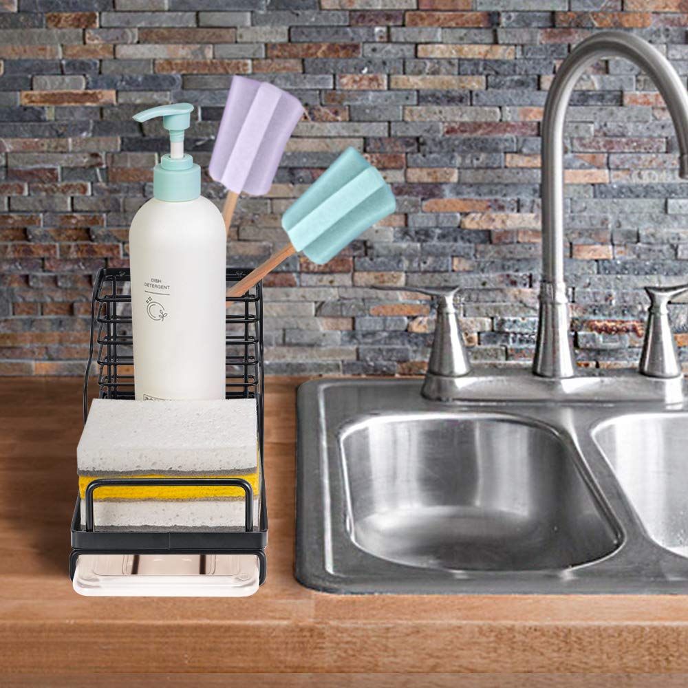 Stainless Steel Sink Caddy Organizer with Removable Drain Tray - Kitchen Sponge, Brush & Soap Holder - Black Countertop Sink Organizer for Kitchen, Bathroom & Laundry Room