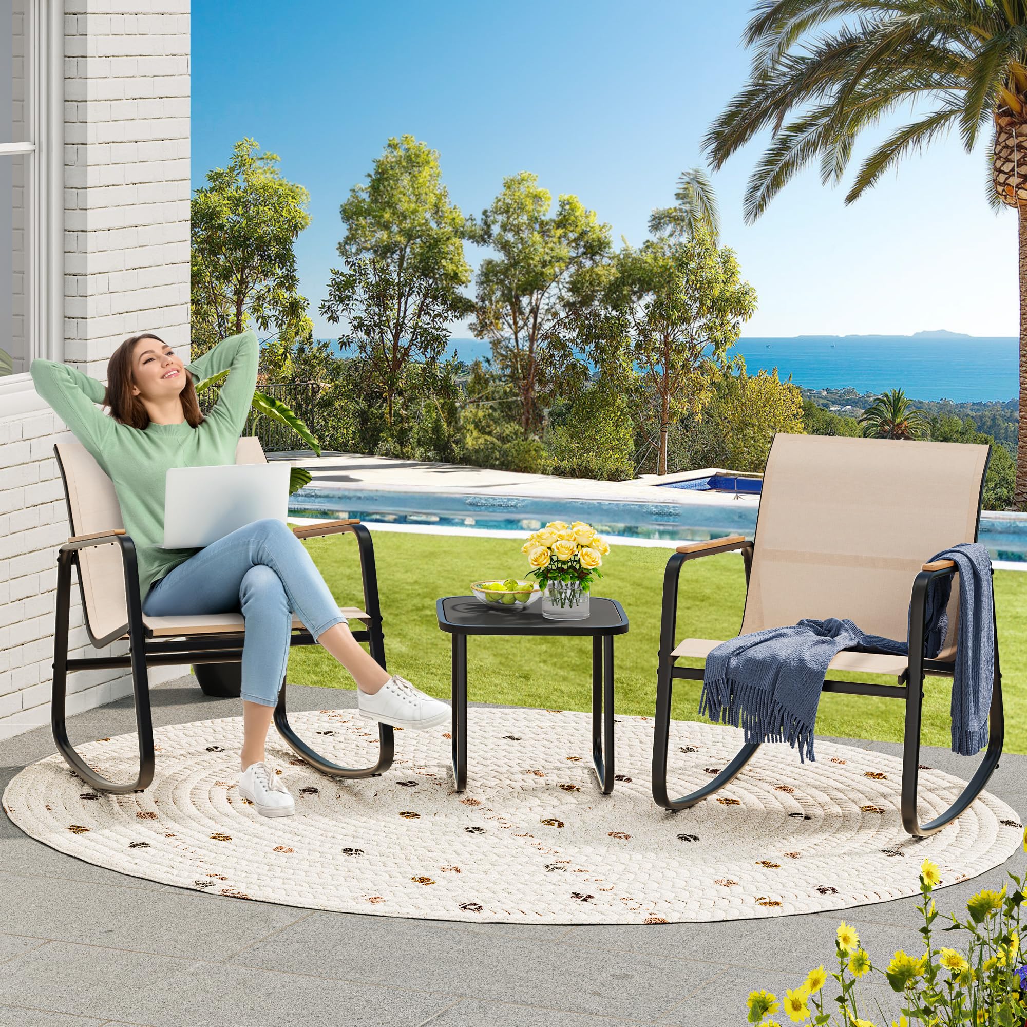 YITAHOME 3-Piece Outdoor Rocking Bistro Set with Wooden Armrests & Glass Table - Patio Furniture for Garden, Balcony, Poolside & Porch - Beige Rattan Chairs for Relaxing & Entertaining