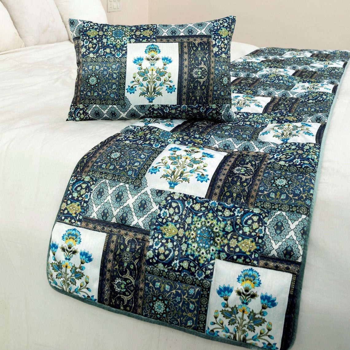 Bahar Satin Blue Decorative Bed Runner and Pillow Cover Set - Luxury Bedding Accent for Master Bedroom, Guest Room & Home Decor