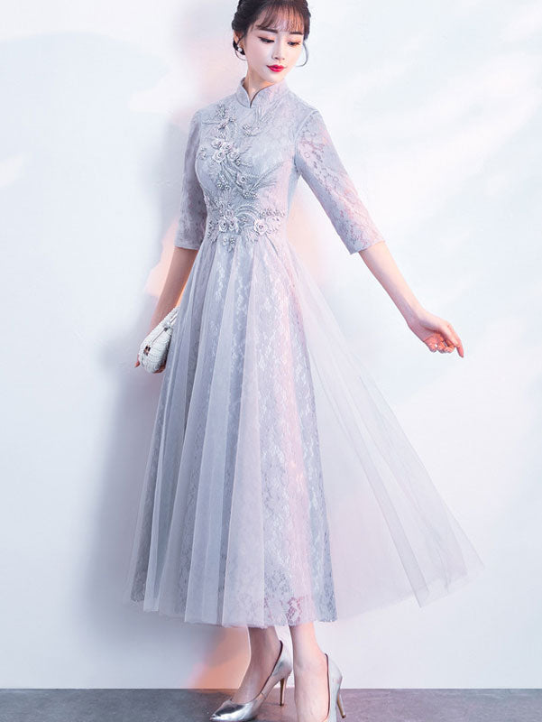 Elegant Gray Floral Lace Fit & Flare Cheongsam Qipao Dress for Women - Vintage Chinese Style Evening Gown for Parties, Weddings & Special Occasions