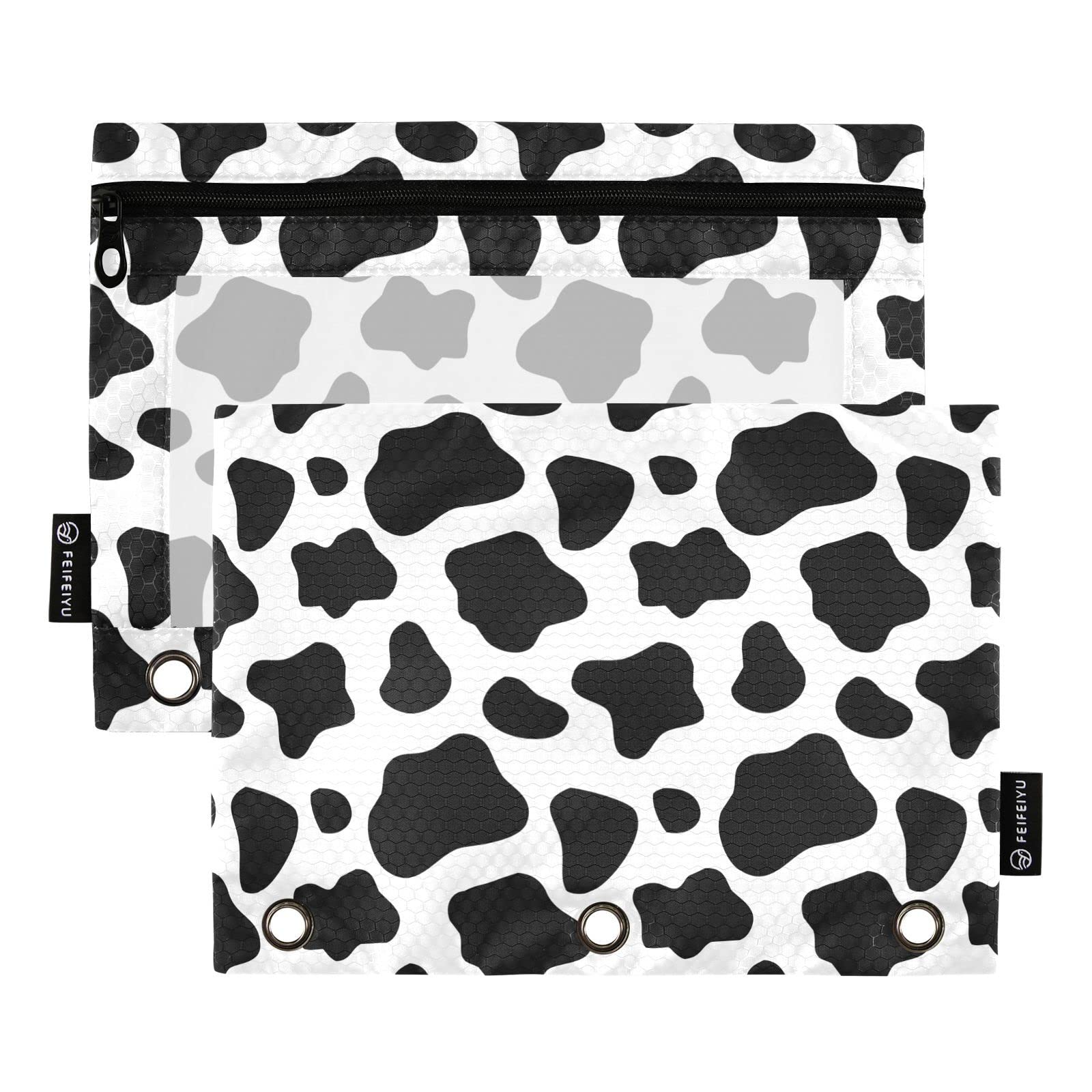 ALAZA Black and White Cow Print 3-Ring Binder Pencil Pouch with Clear Window - 2 Pack Zippered Pencil Case for School, Office & College Supplies - Perfect for Organizing Pens, Makeup & Stationery
