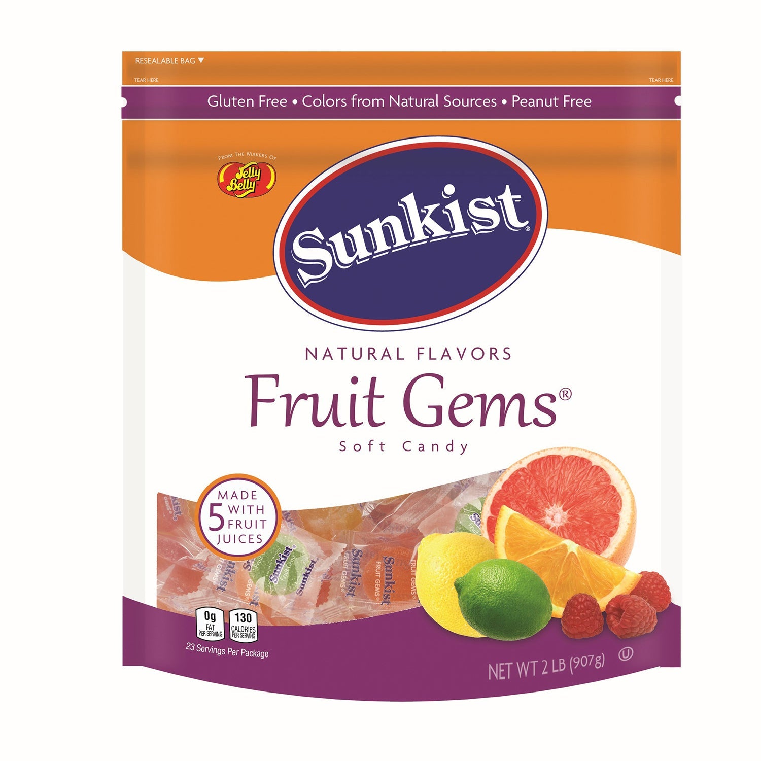 Jelly Belly Sunkist Fruit Gems Candy - 2lb Resealable Bag | Assorted Fruit Flavors | Perfect for Halloween, Party Favors & Office Snacks