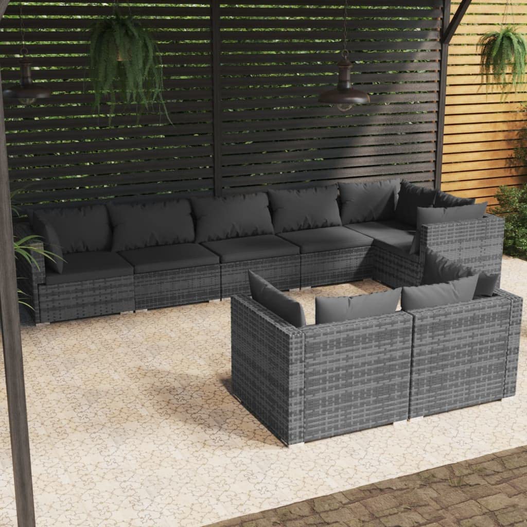 vidaXL 8-Piece Gray Poly Rattan Patio Lounge Set with Cushions - Lightweight Water-Resistant Outdoor Furniture, Modular Design & Easy Care - Perfect for Poolside, Garden or Backyard Relaxation