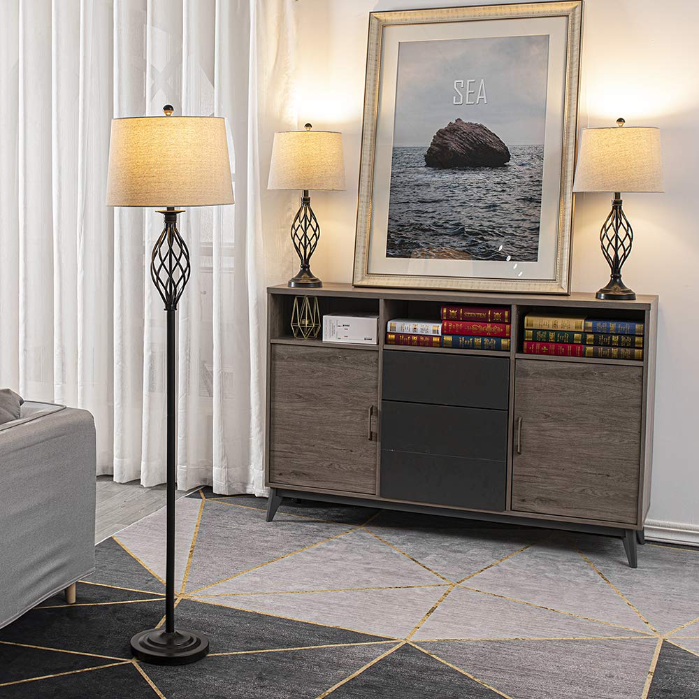 Maxax 3-Piece Farmhouse Lamp Set - Black Table & Floor Lamps with Oatmeal Fabric Shades, 3-Way Dimmable Lighting for Living Room, Bedroom & Dining Room | ETL Certified | Perfect for Cozy Evenings & Home Decor