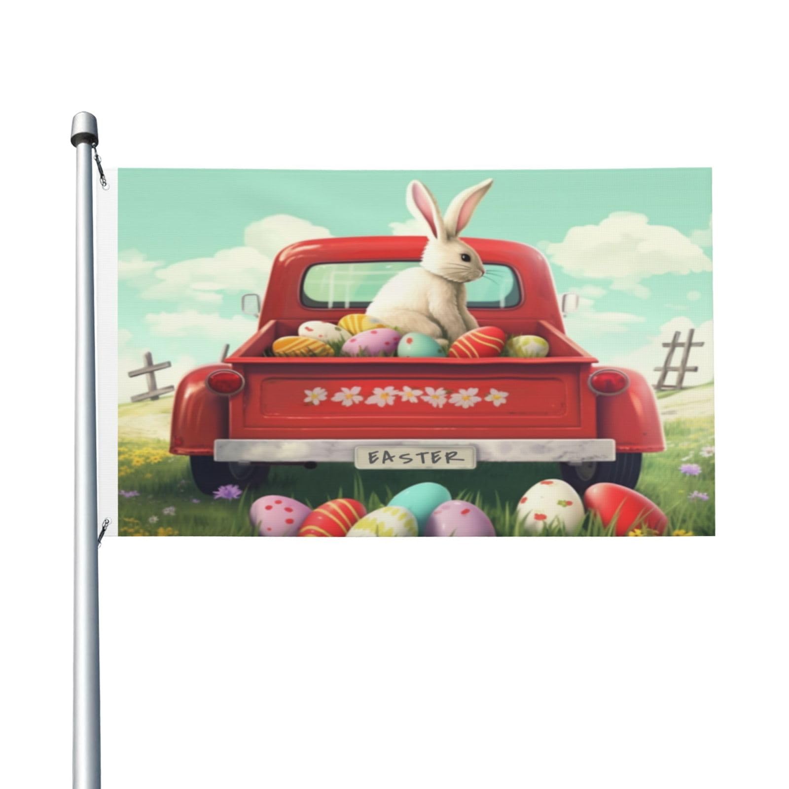 Easter Eggs Double-Sided Printed Flag 3x5 Feet - Rabbit in Truck Garden Yard Banner for Indoor/Outdoor Holiday Decor | Perfect for Easter Celebrations, Spring Parties & Home Decoration