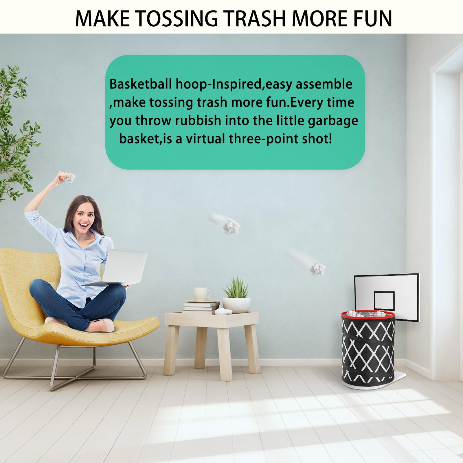 Basketball Trash Can Hoop - Mini Indoor Basketball Waste Bin with Wood Backboard (9.8