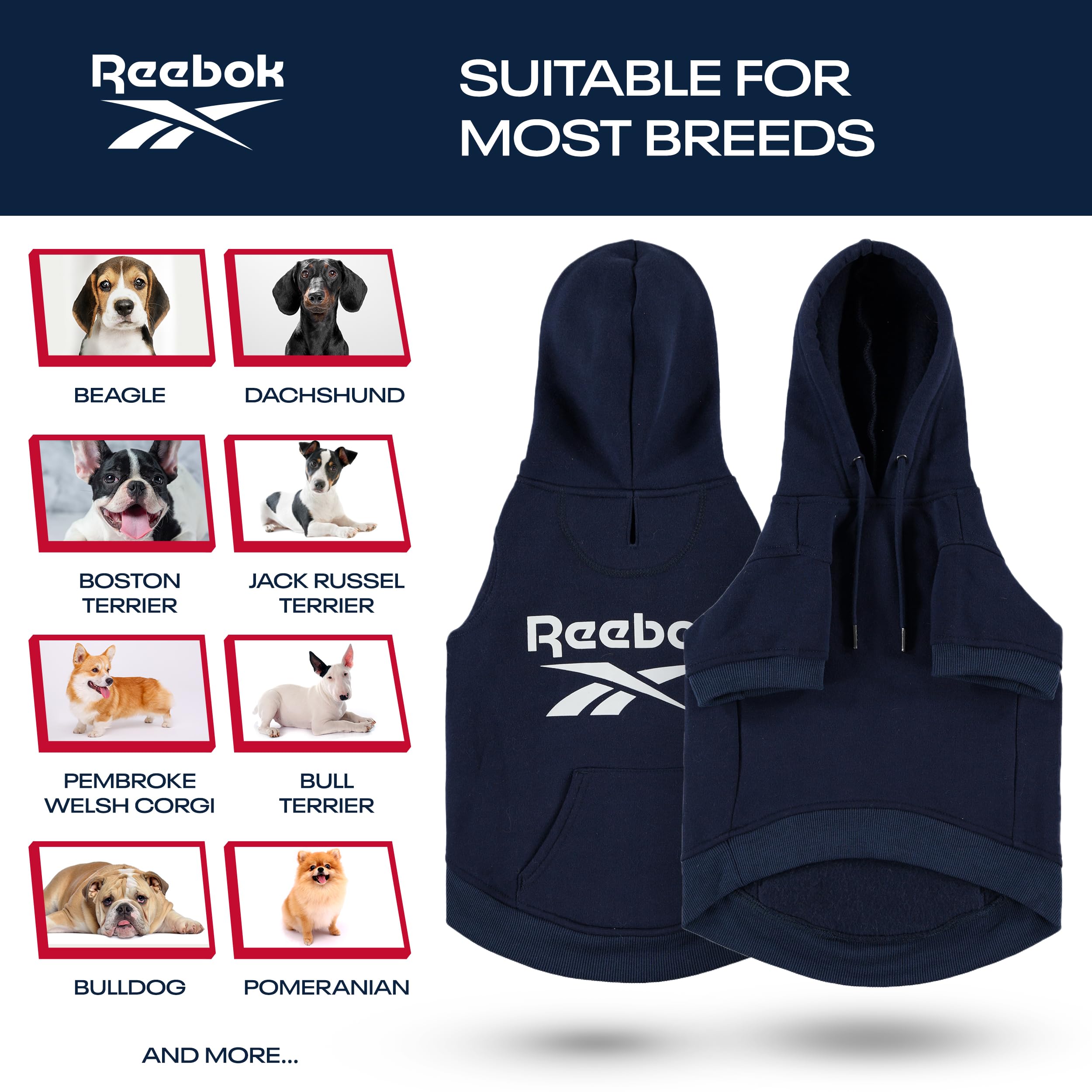 Reebok Fleece Dog Hoodie with Leash Hole - Warm Winter Dog Sweater for Small, Medium & Large Dogs | Premium Pullover Hooded Sweater for Fall & Christmas | Cozy Pet Outfit for Cold Weather Walks & Holiday Photos