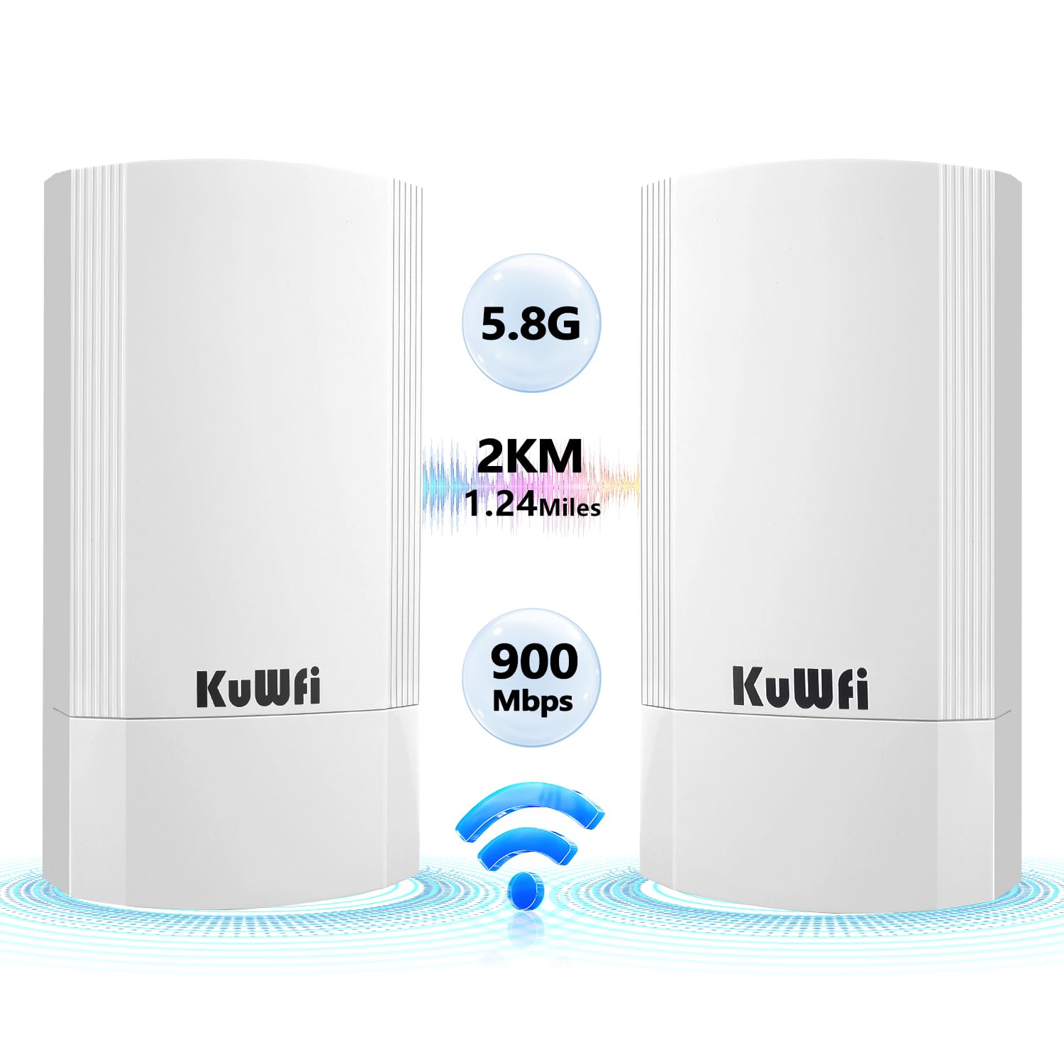 KuWFi 5.8GHz 900Mbps Outdoor Wireless Bridge - Long Range 2KM Point to Point Network Extender, IP65 Waterproof WiFi Ethernet Bridge Kit for Starlink Router Signal Boosting | Perfect for Rural Internet, Farm Connectivity & Remote Surveillance