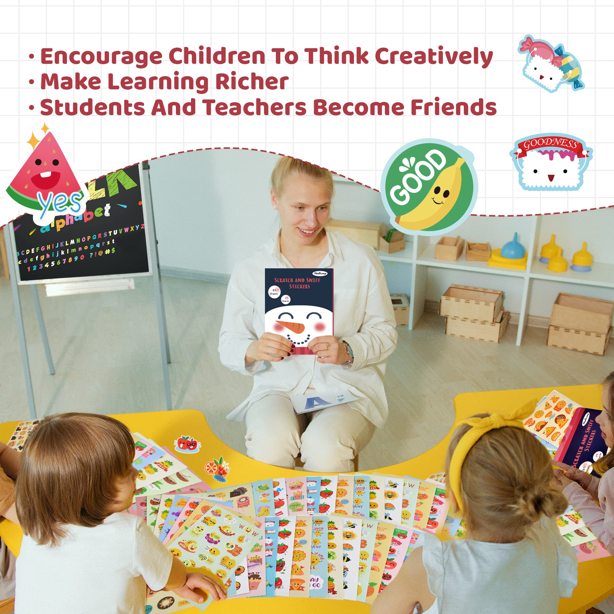 HORIECHALY Scratch and Sniff Stickers for Kids - 85 Sheets with 17 Fun Scents, 1600+ Scented Stickers Featuring Cute Food & Fruit Designs - Perfect for Classroom Rewards, Party Favors & Sensory Play