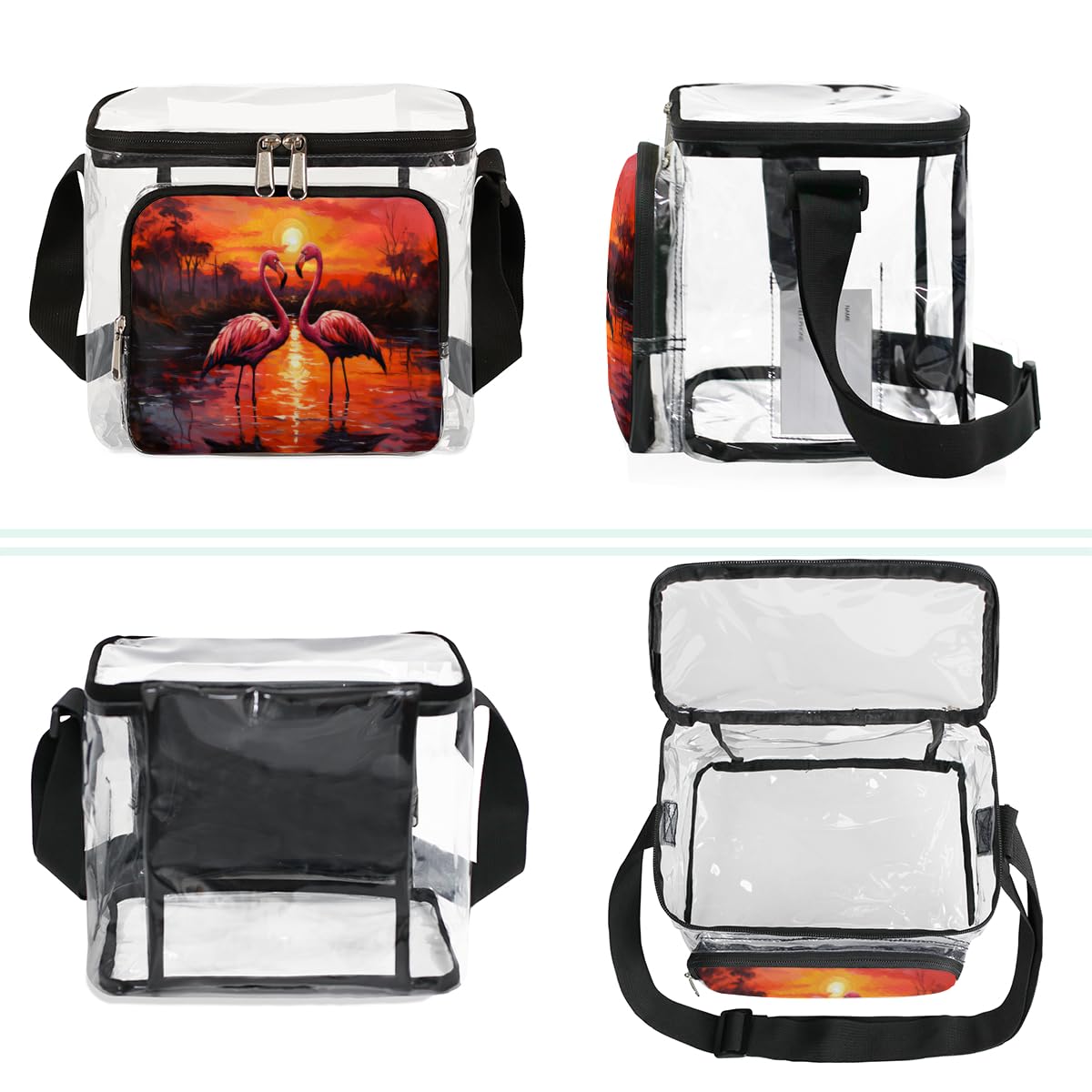 GzLeyigou Clear Transparent Tote Bag with Handles - Sunset Flamingo Print Crossbody Shoulder Bag for Women, Lunch Bag for Outdoor, Travel, Picnic, Concerts & Sports Events - Stadium Approved Purse for Beach, Shopping & Theme Parks