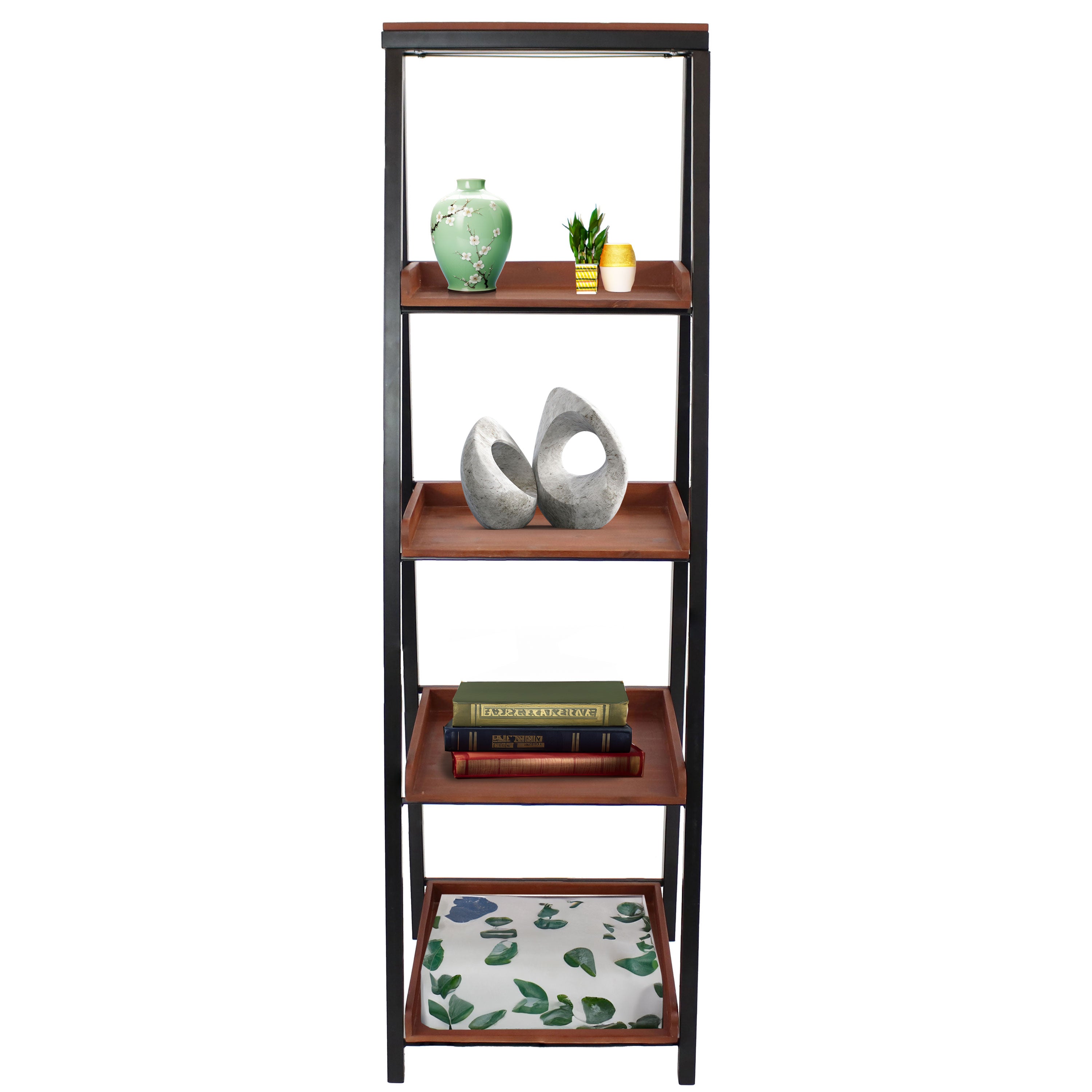 Sunnydaze 4-Tier Leaning Ladder Shelf for Home Decor - 59.75 Inch Tall Rustic Wooden Bookshelf - Perfect for Living Room, Bedroom, or Office Storage & Organization