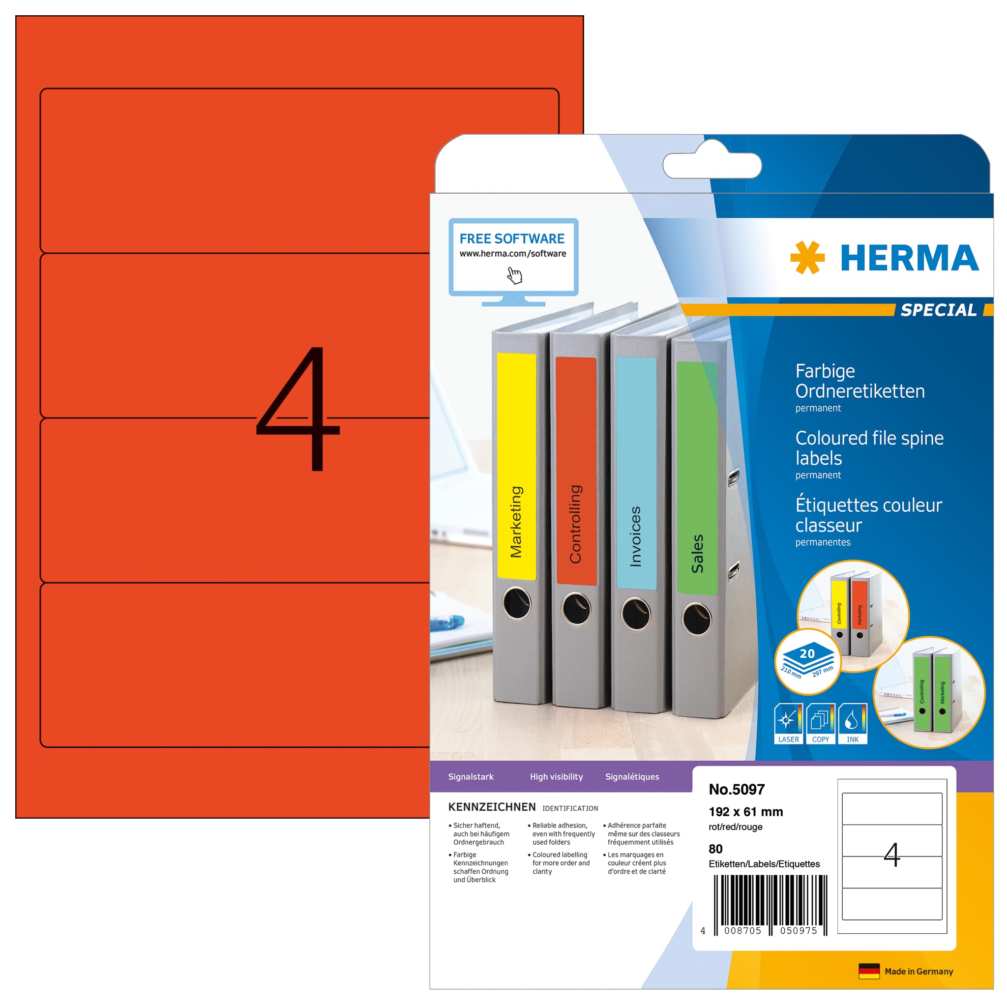 HERMA Self Adhesive Spine Labels - 80 Blank Lever Arch File Folder Stickers (4 Labels per A4 Sheet, 20 Sheets, 192x61mm) - Compatible with Laser & Inkjet Printers - Red - Perfect for Office Organization, File Classification & Document Management