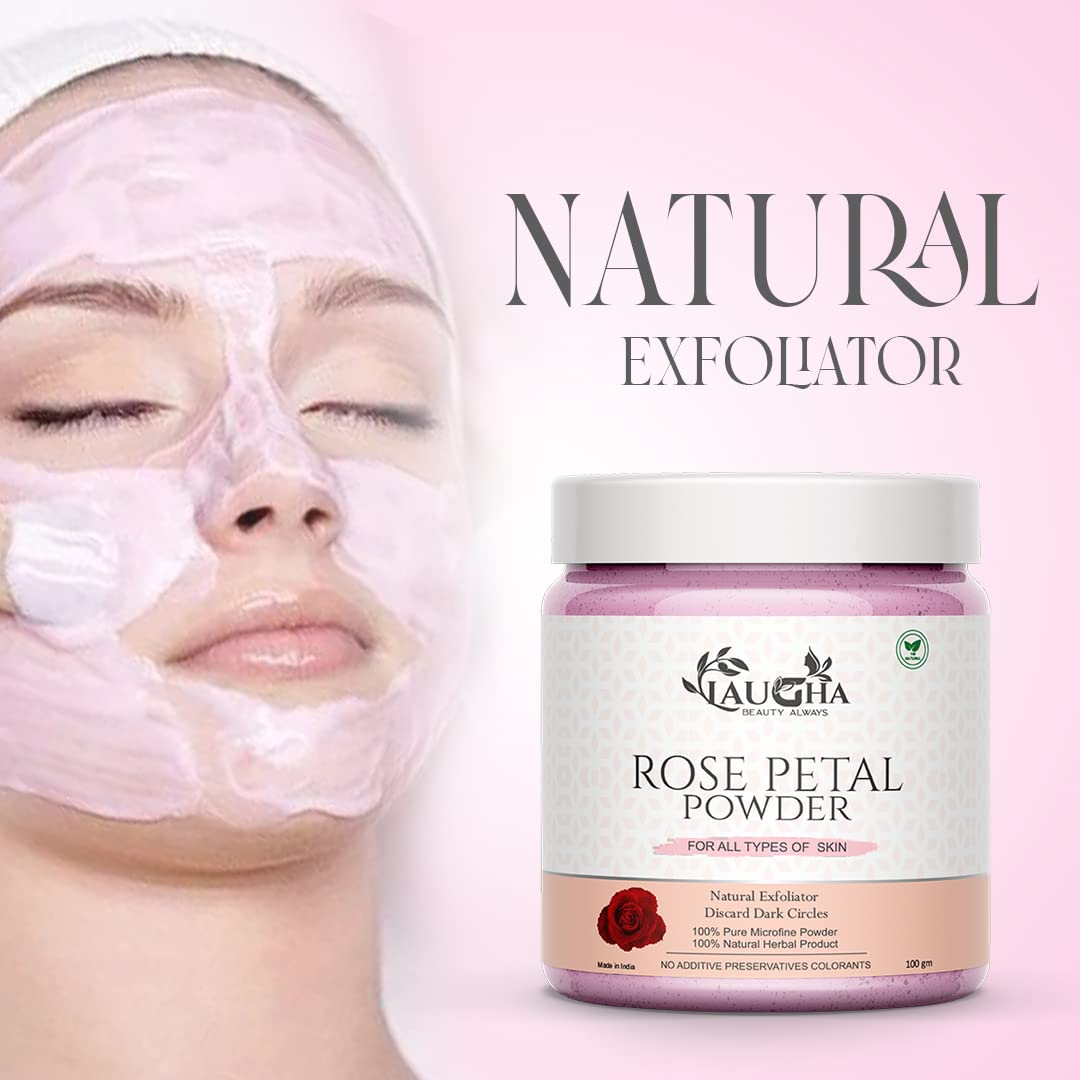 Laugha Natural & Organic Rose Petal Powder for Brightening & Glowing Skin - 100g Face Mask | Chemical-Free, Vegan Skincare for Dry & Sensitive Skin | Perfect for DIY Facials, Spa Days & At-Home Beauty Treatments