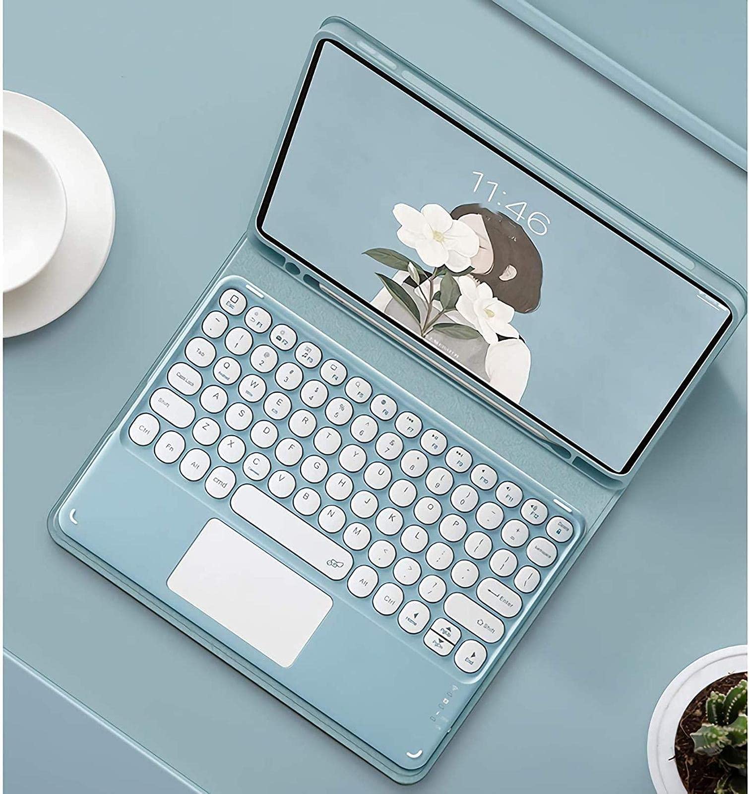 Bluetooth Keyboard Case for iPad Air 1/Air 2 (9.7 Inch) - Slim Leather Folio Cover with Touchpad & Round Hat Design | Perfect for Work, Study & Travel (Blue)
