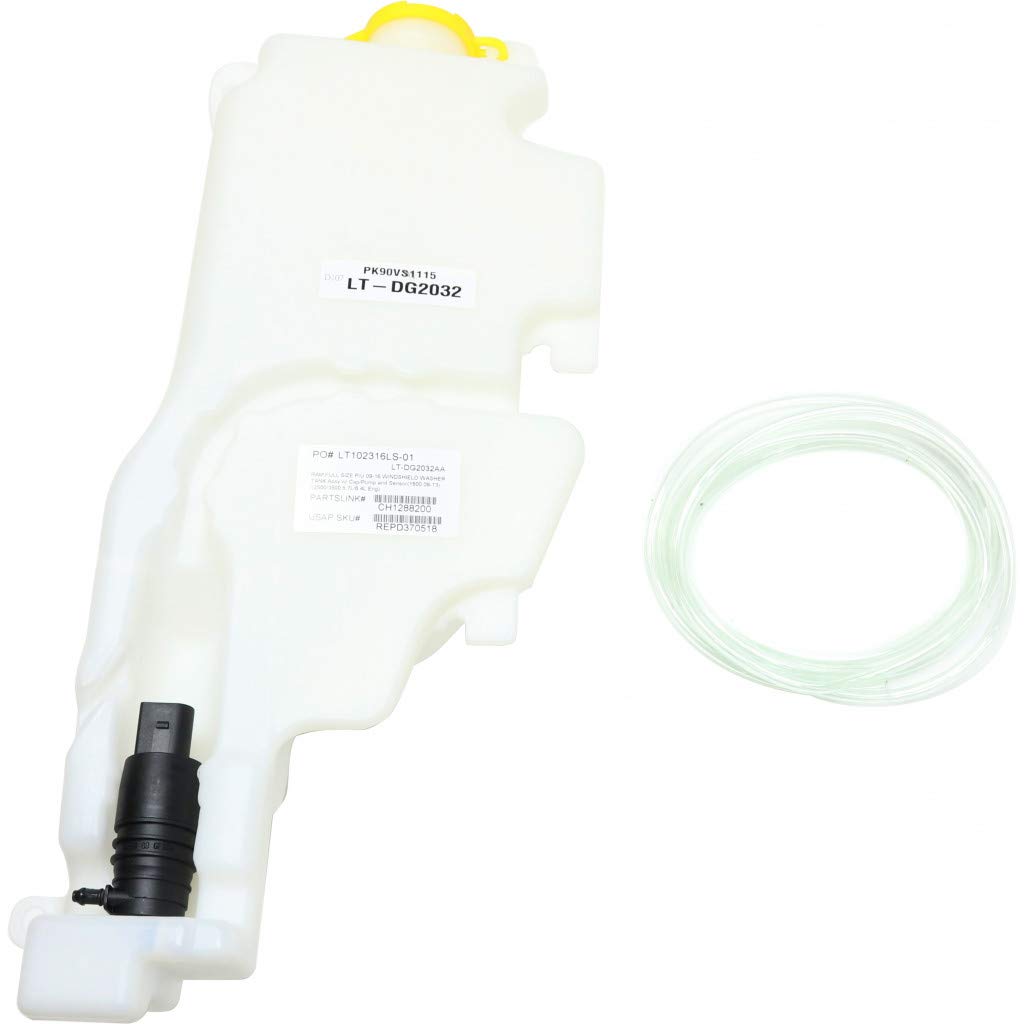 Dodge Ram 1500 2009-2010 Windshield Washer Reservoir with Pump, Cap & Fluid Level Sensor - White Plastic Replacement Part for CH1288200, 5152029AB - Perfect for Off-Roading & Winter Driving