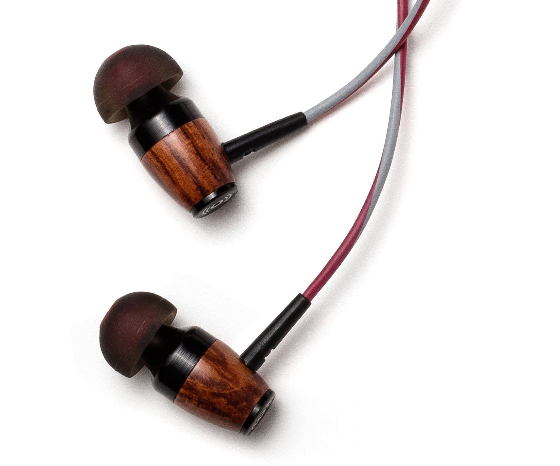 Premium Genuine Wood In-Ear Noise-Isolating Headphones with Mic - Symphonized DRM Red/Gray | Comfortable Earbuds for Commuting, Workouts & Travel