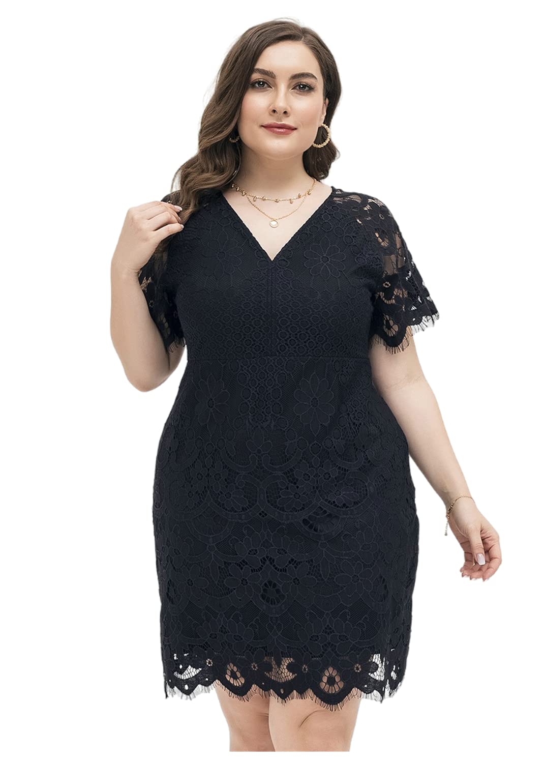 Elegant Floral Lace V-Neck Mini Dress for Women - Plus Size Bodycon Cocktail Dress with Short Sleeves & Scalloped Hem | Perfect for Parties, Date Nights & Special Occasions