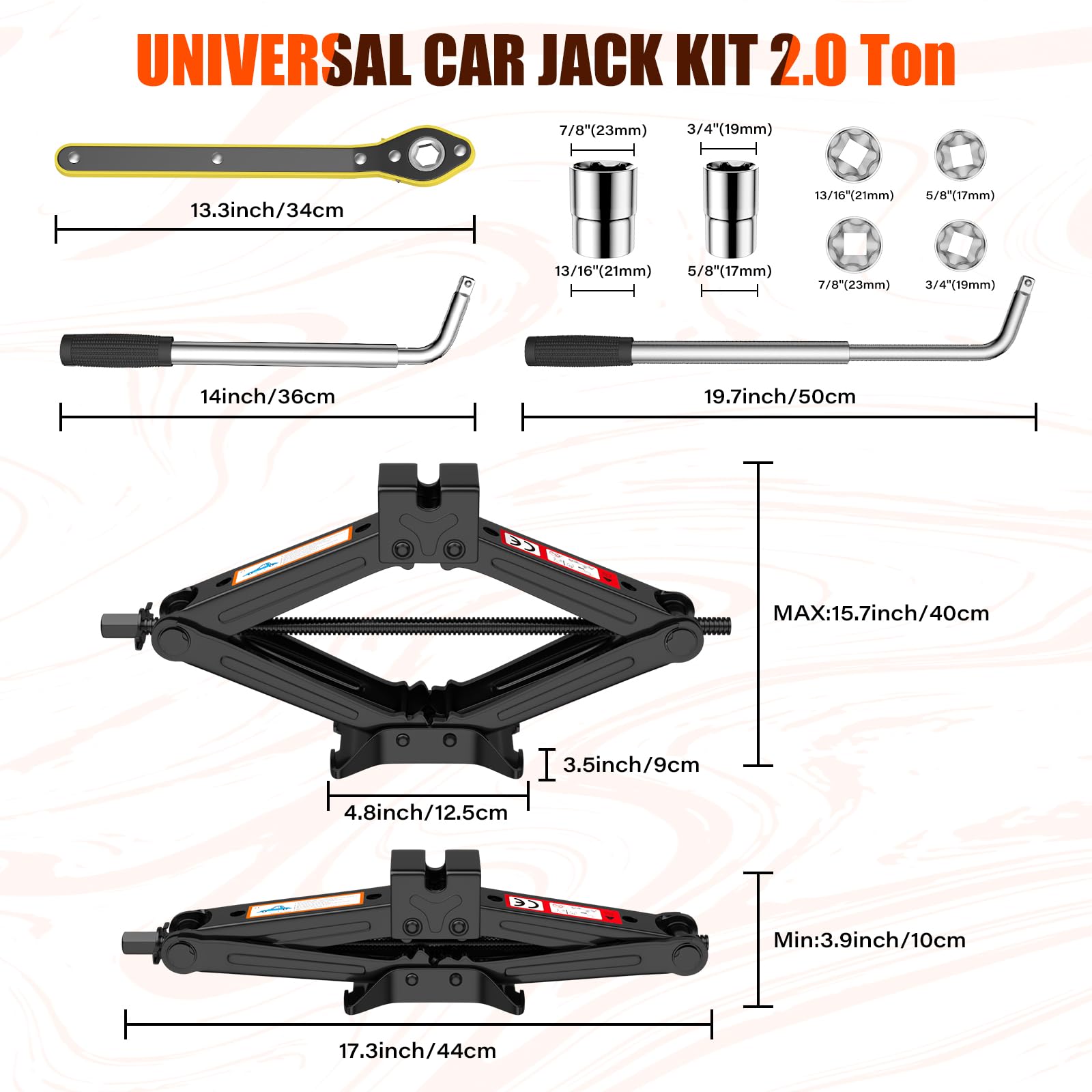 2 Ton (4409 lbs) Universal Car Jack Kit - Heavy Duty Scissor Jack & Tire Changing Tool Set with Lug Wrench for Auto, SUV, MPV - Emergency Roadside Assistance & Flat Tire Repair Kit for Safe Vehicle Maintenance