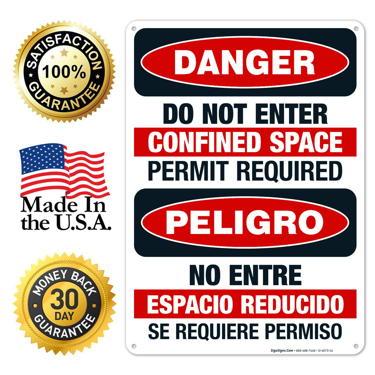 Do Not Enter Confined Space Permit Required Bilingual OSHA Danger Sign - 10x14 Inch Rust-Free .040 Aluminum Safety Sign - Fade Resistant for Indoor/Outdoor Use - Made in USA - Perfect for Construction Sites, Factories & Industrial Areas