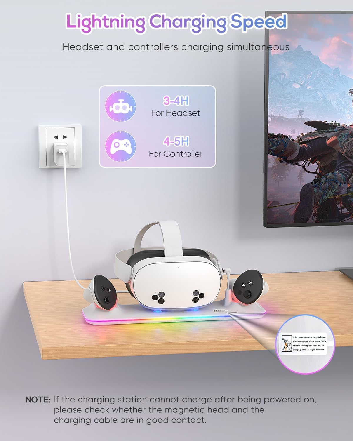 Meta Quest 3S/Quest 3 Fast Charging Dock with RGB Lights - Magnetic Charging Station for Oculus Headset & Controllers (Includes 2 Rechargeable Batteries) | Perfect for VR Gaming Setup & Home Entertainment