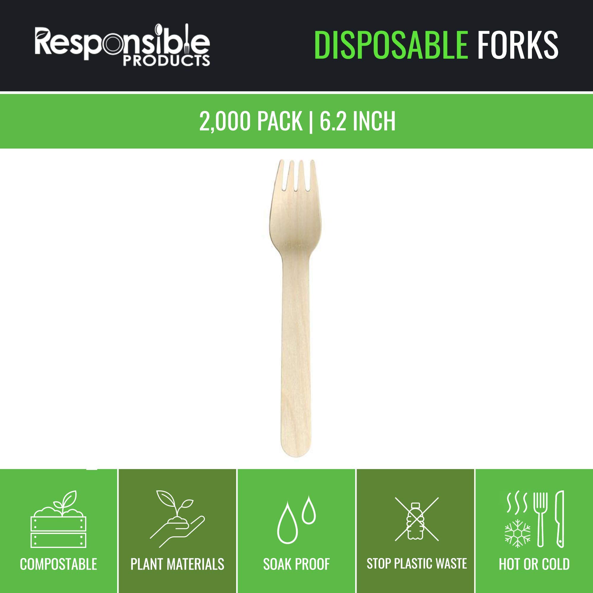 100% Natural Wooden Forks - 6.2 Inch Extra Strength Disposable Cutlery, Eco-Friendly Plant-Based Utensils (2000 Pack) - Perfect for Picnics, Parties, Camping & Outdoor Dining