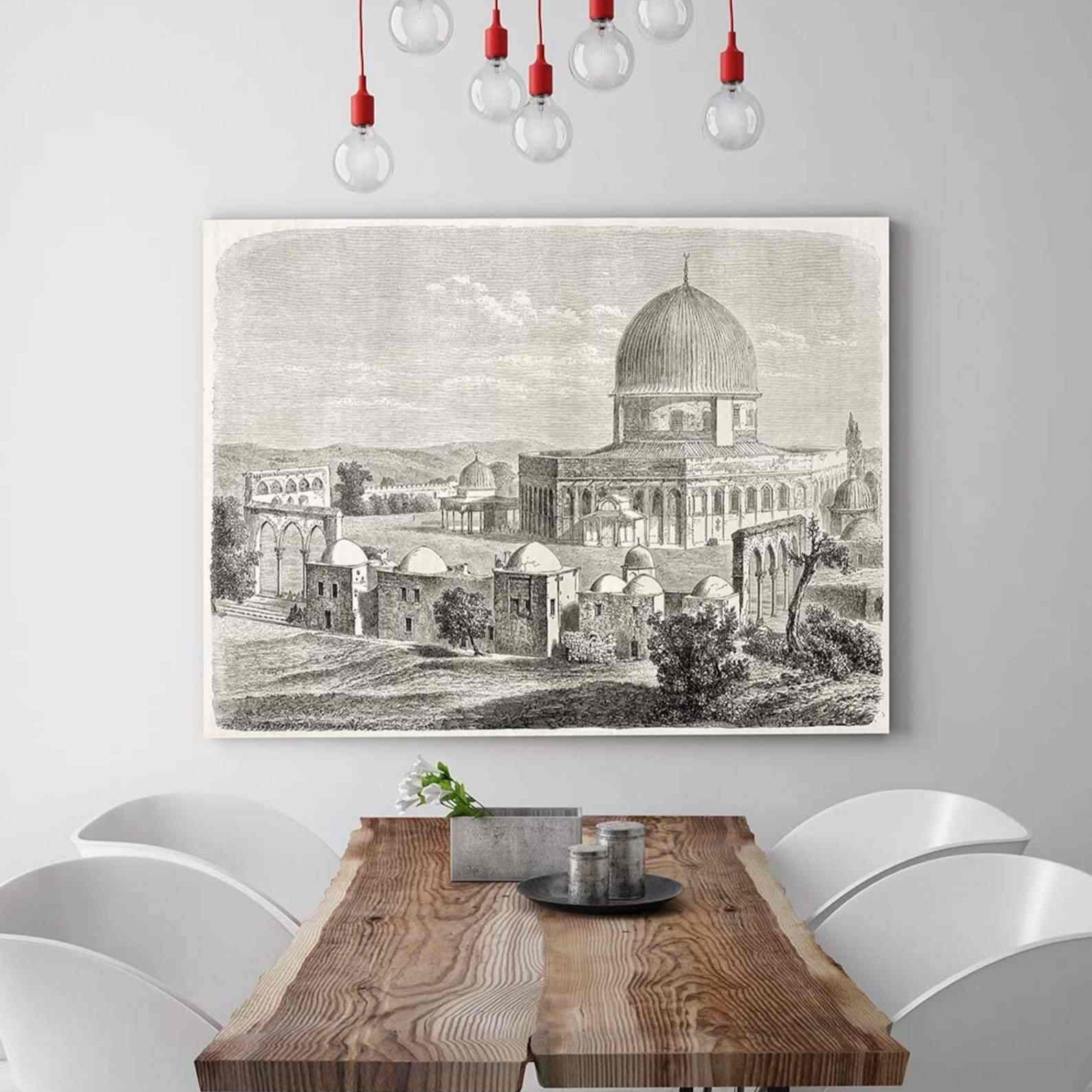 Islamic Canvas Wall Art - Masjid Al Aqsa Historical Sketch with Dome of the Rock | Premium Muslim Home Decor for Living Room, Mosque & Office