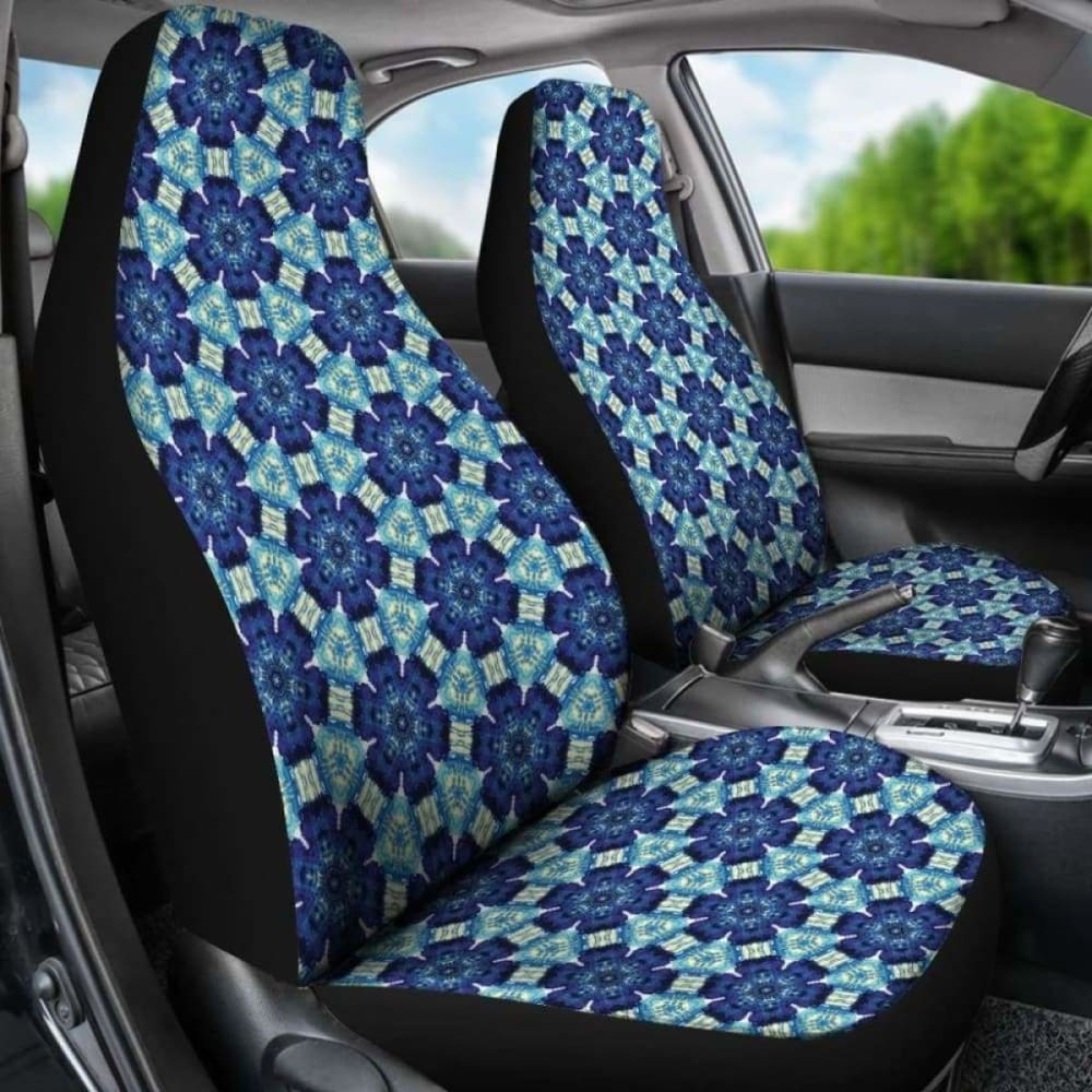 Blue Boho Floral Shibori Tie-Dye Abstract Print Car Seat Covers - Waterproof & Non-Slip for SUVs, Sedans, Trucks - Perfect for Road Trips, Commuting & Car Interior Decor