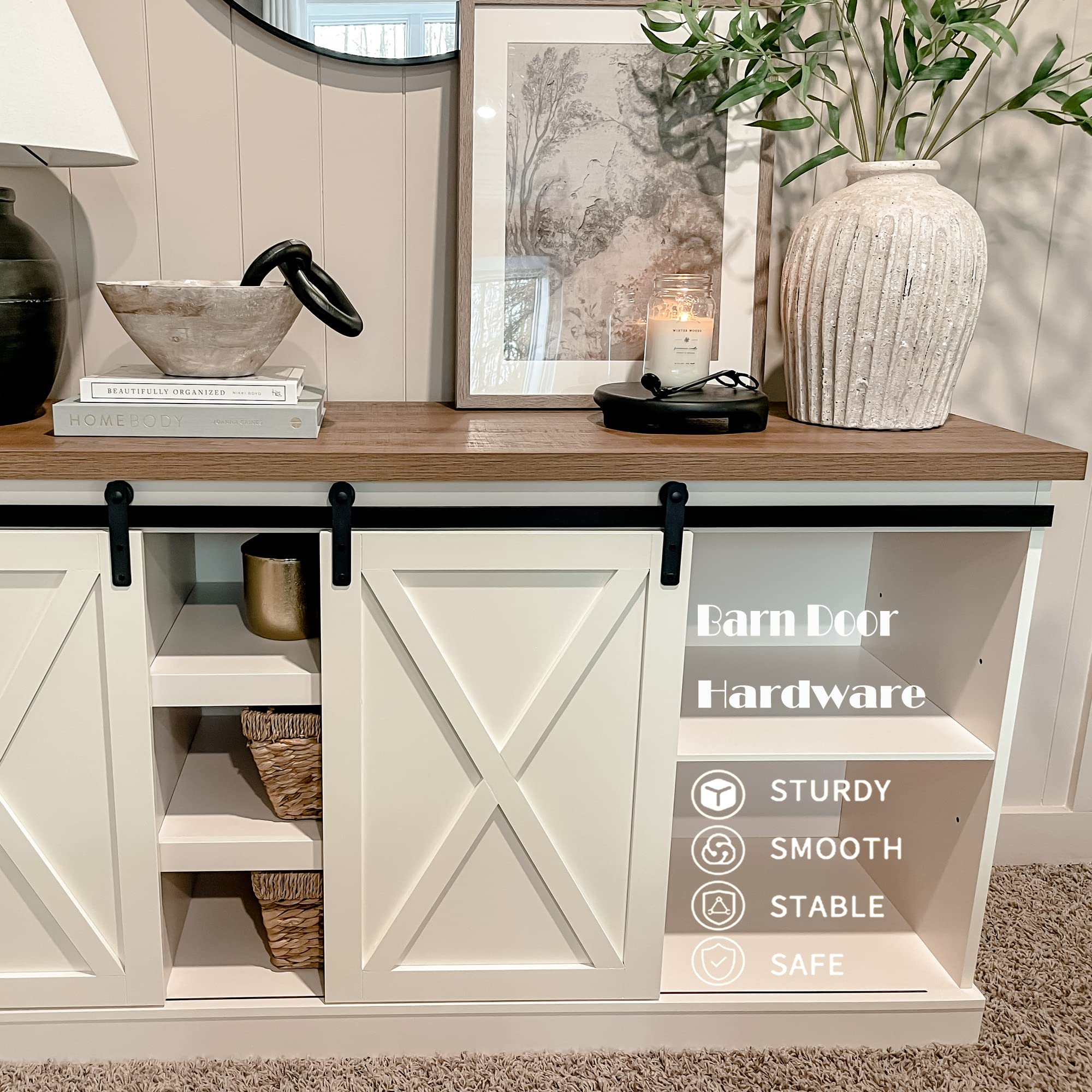 PHI VILLA Farmhouse Coffee Bar Cabinet with Sliding Barn Door - Rustic Kitchen Sideboard Buffet Storage Cabinet for Dining Room, Living Room & Home Office Organization