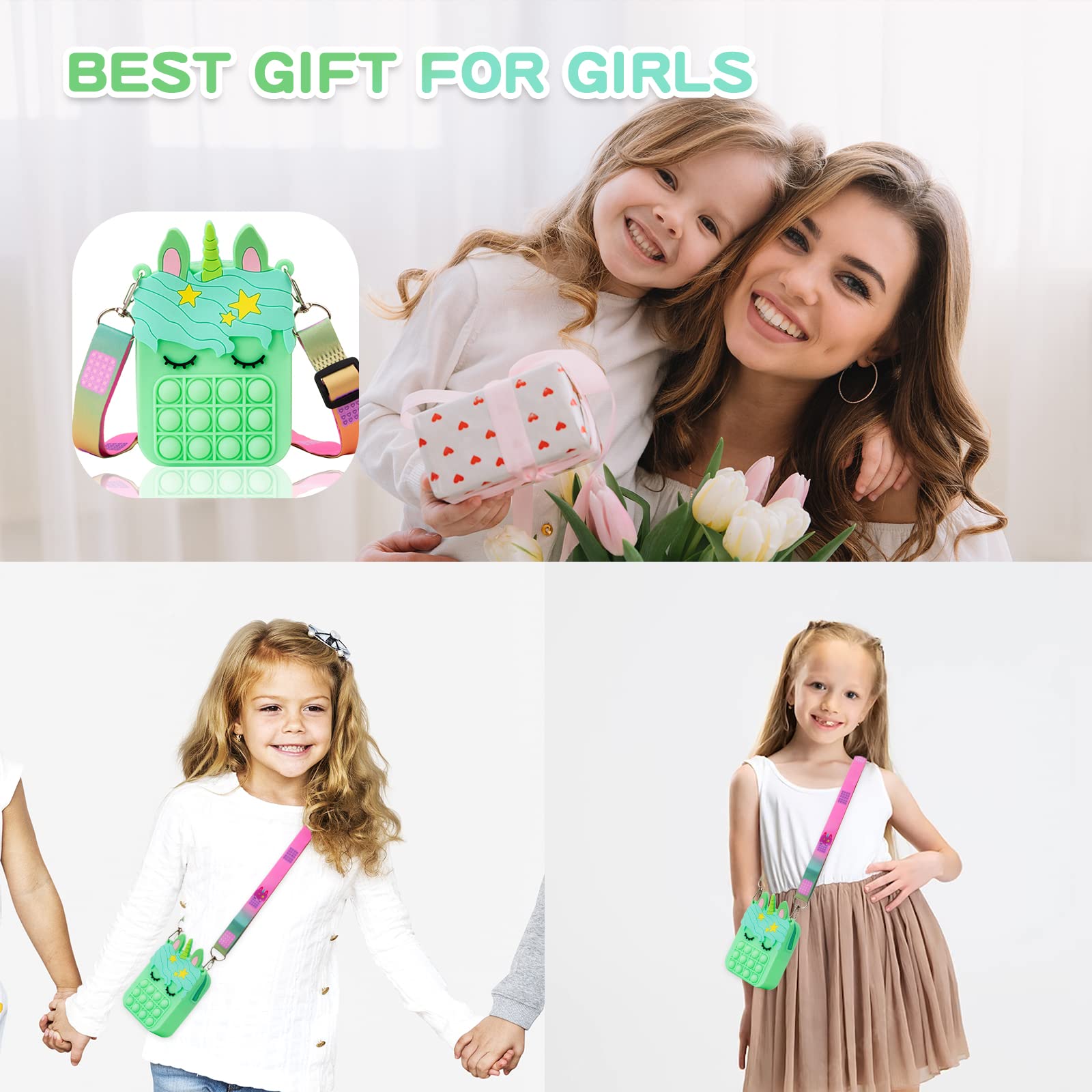 Borso Pop Push It Fidget Toy Bag - 2-in-1 Handheld Messenger Purse with Pop It Sensory Stress Relief for Girls, Teens & Adults (Light Green Unicorn) - Perfect for School, Travel & Anxiety Relief
