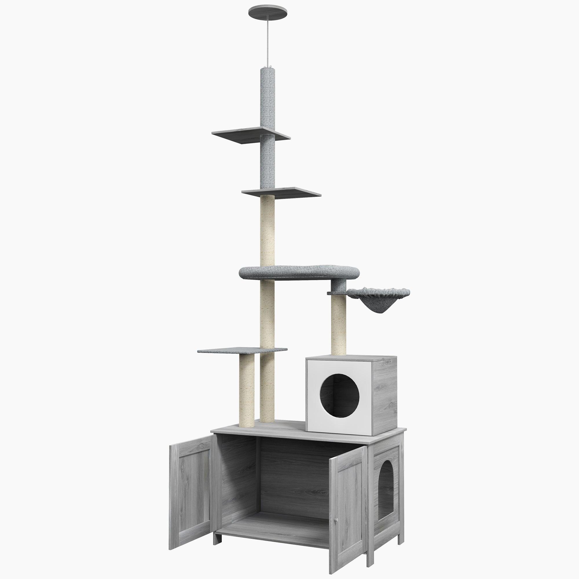 Multi-Level Cat Tree with Hidden Litter Box - 2-in-1 Floor to Ceiling Cat Tower with Condo, Bed, Hammock & Scratching Posts - Space-Saving Cat Furniture for Small Apartments (Gray) - Perfect for Indoor Cats Who Need Privacy While Using the Litter Box