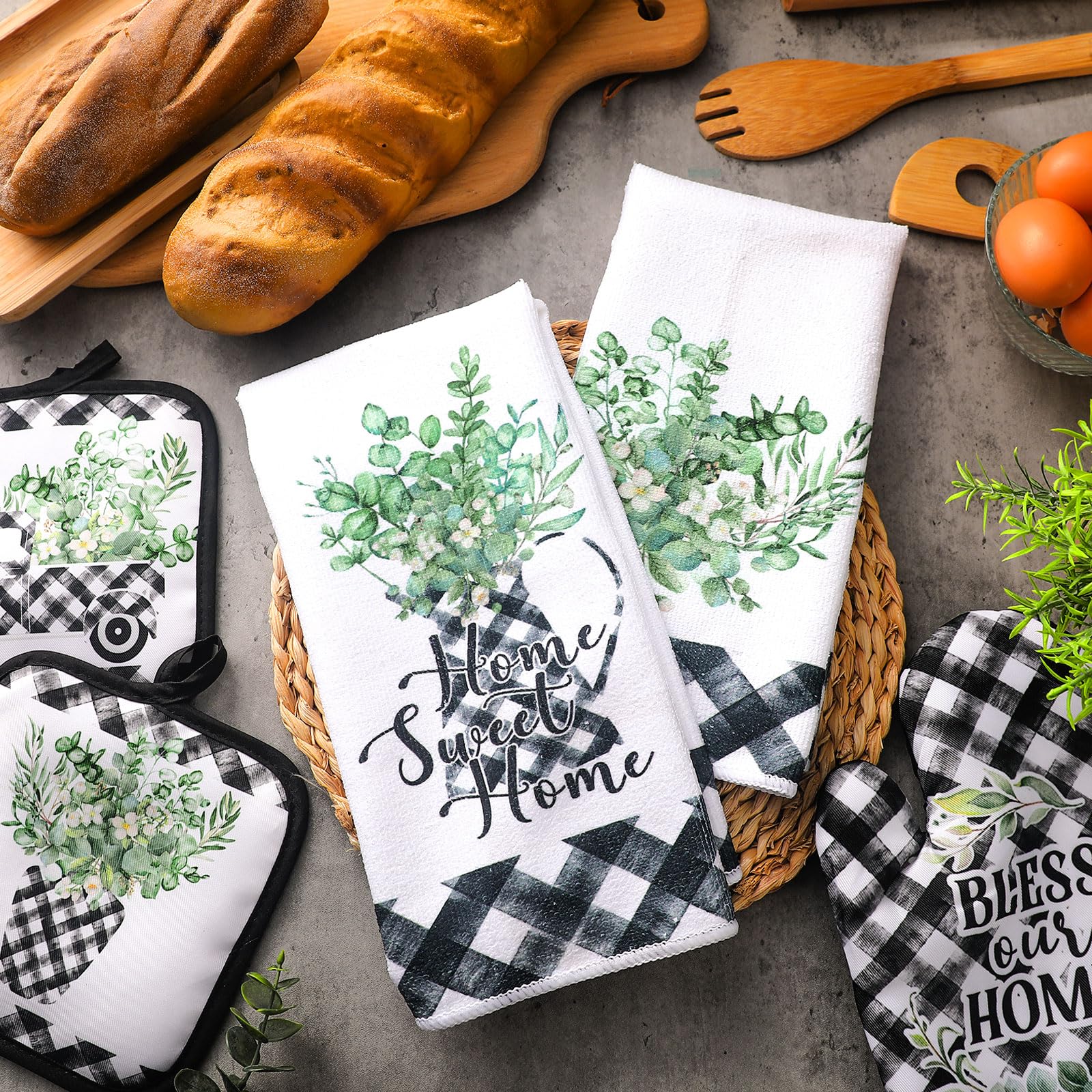 5-Piece Buffalo Plaid Oven Mitt Set - 2 Farmhouse Kitchen Towels, 2 Heat Resistant Potholders & 1 Microwave Glove for Baking, Cooking & Kitchen Decor (Eucalyptus Green) - Perfect for Holiday Cooking, BBQ & Farmhouse Style Kitchens