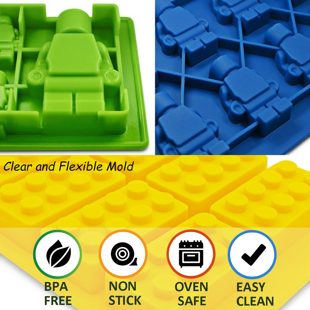 Bricks Silicone Mold Set for Building Blocks & Robots - Cake Decorating, Chocolate, Candy, Jello, Ice Cube Molds - 3pcs Robot Theme (Perfect for Birthday Parties, DIY Desserts & Kids' Baking Activities)
