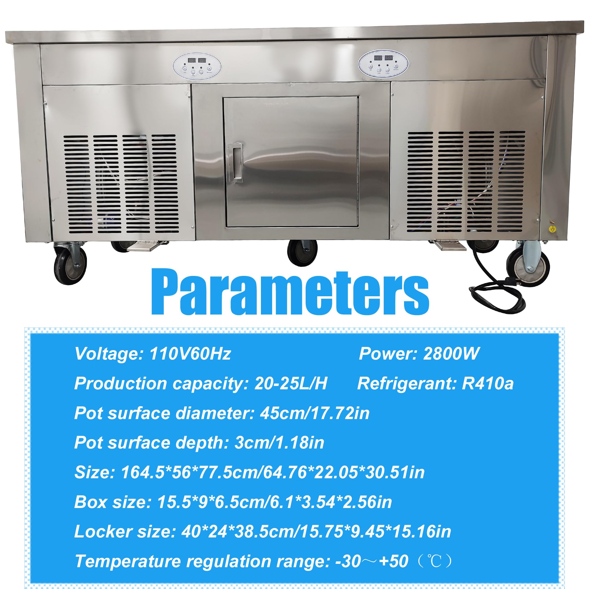 Commercial Electric Stainless Steel Rolled Ice Cream Maker Machine - Double Pot & Compressor for Fried Ice Cream & Yogurt - 10 Buckets with Lids (110V) - Perfect for Restaurants, Cafes & Dessert Shops
