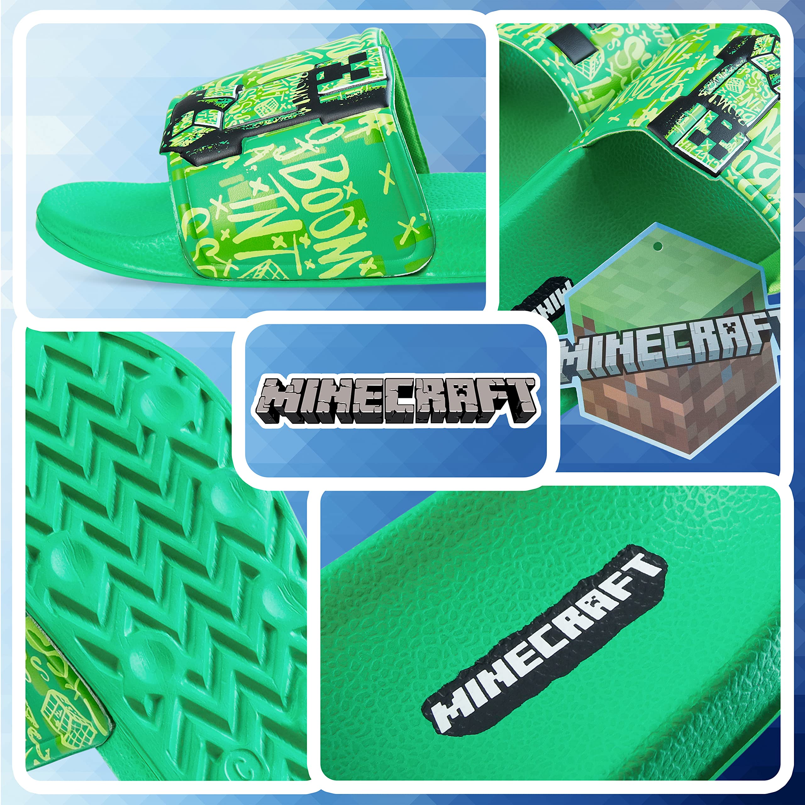 Minecraft Boys Slides & Flip Flops - Comfortable Beach & Pool Sandals for Kids - Perfect Summer Gifts for Boys - Great for Swimming, Vacation & Outdoor Play