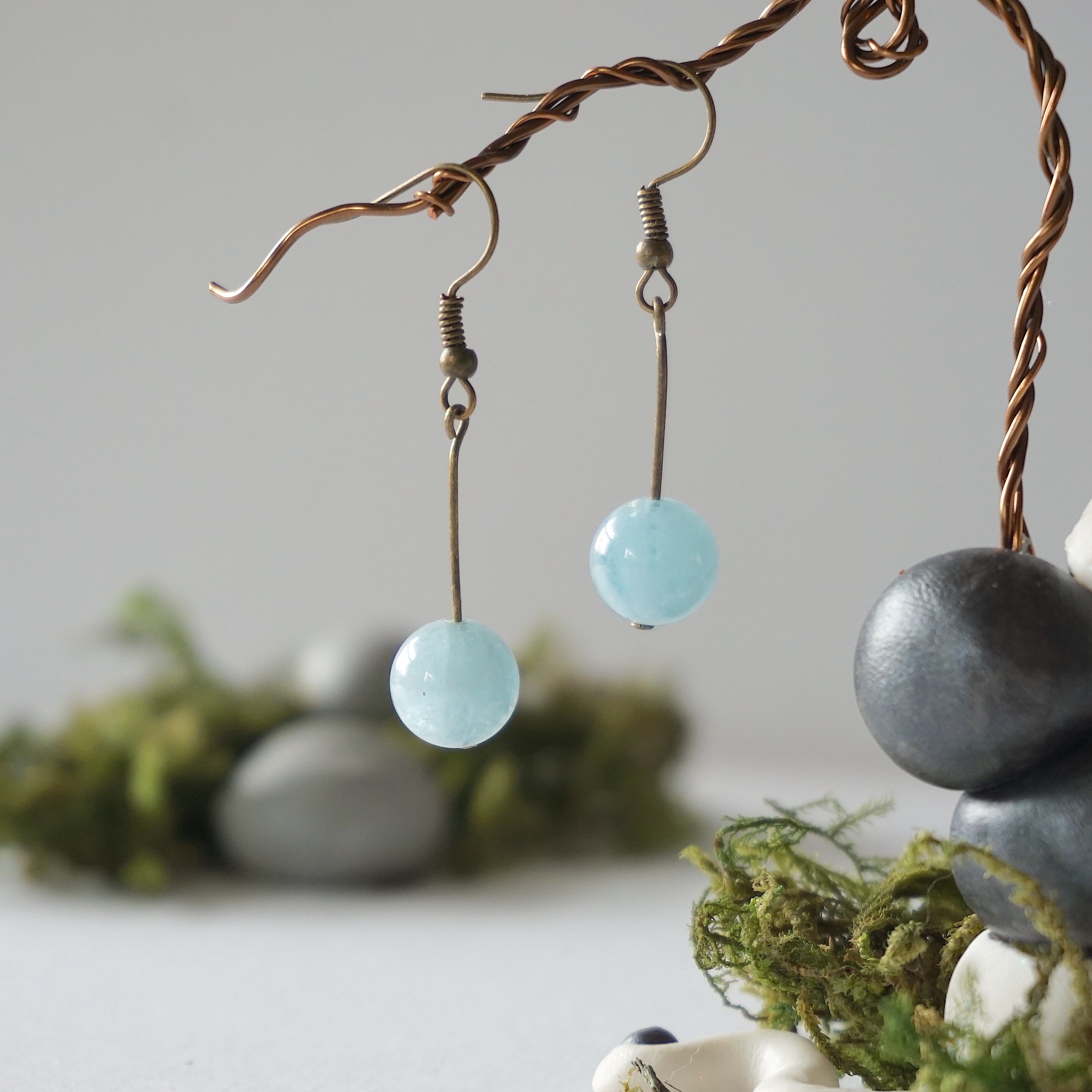 Antique Bronze Aquamarine Bead Drop Earrings – Elegant Dangling Jewelry for Women, Perfect for Weddings, Parties & Special Occasions