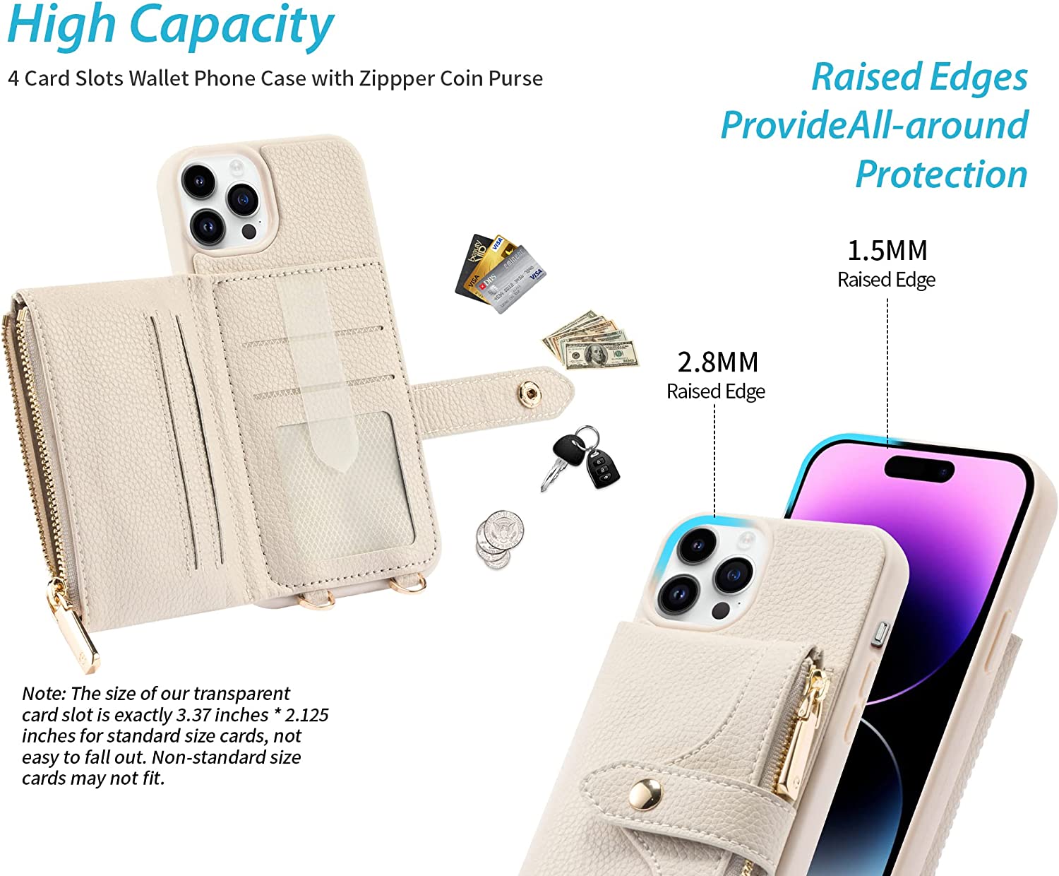 Premium iPhone 14 Pro Max Wallet Case - 6.7 Inch PU Leather Shockproof Crossbody Phone Cover with Card Slots (Ivory) | Perfect for Travel, Shopping & Everyday Use