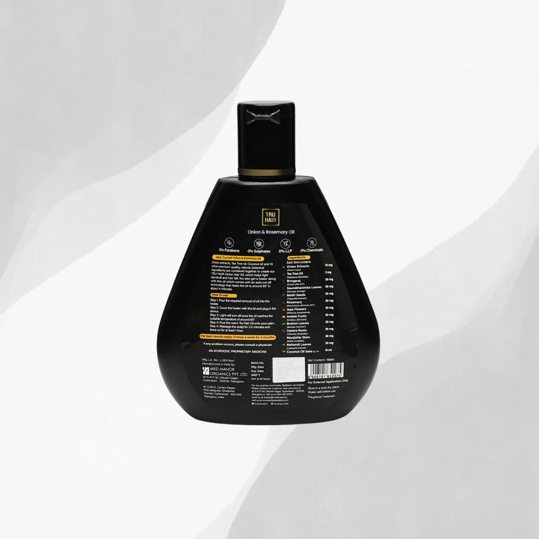 TRU HAIR & SKIN Onion & Rosemary Hair Growth Oil - 100% Pure Natural Treatment for Hair Loss & Thinning Hair - 110ml with Free Hair Heater | Perfect for Daily Scalp Massage & Overnight Hair Care