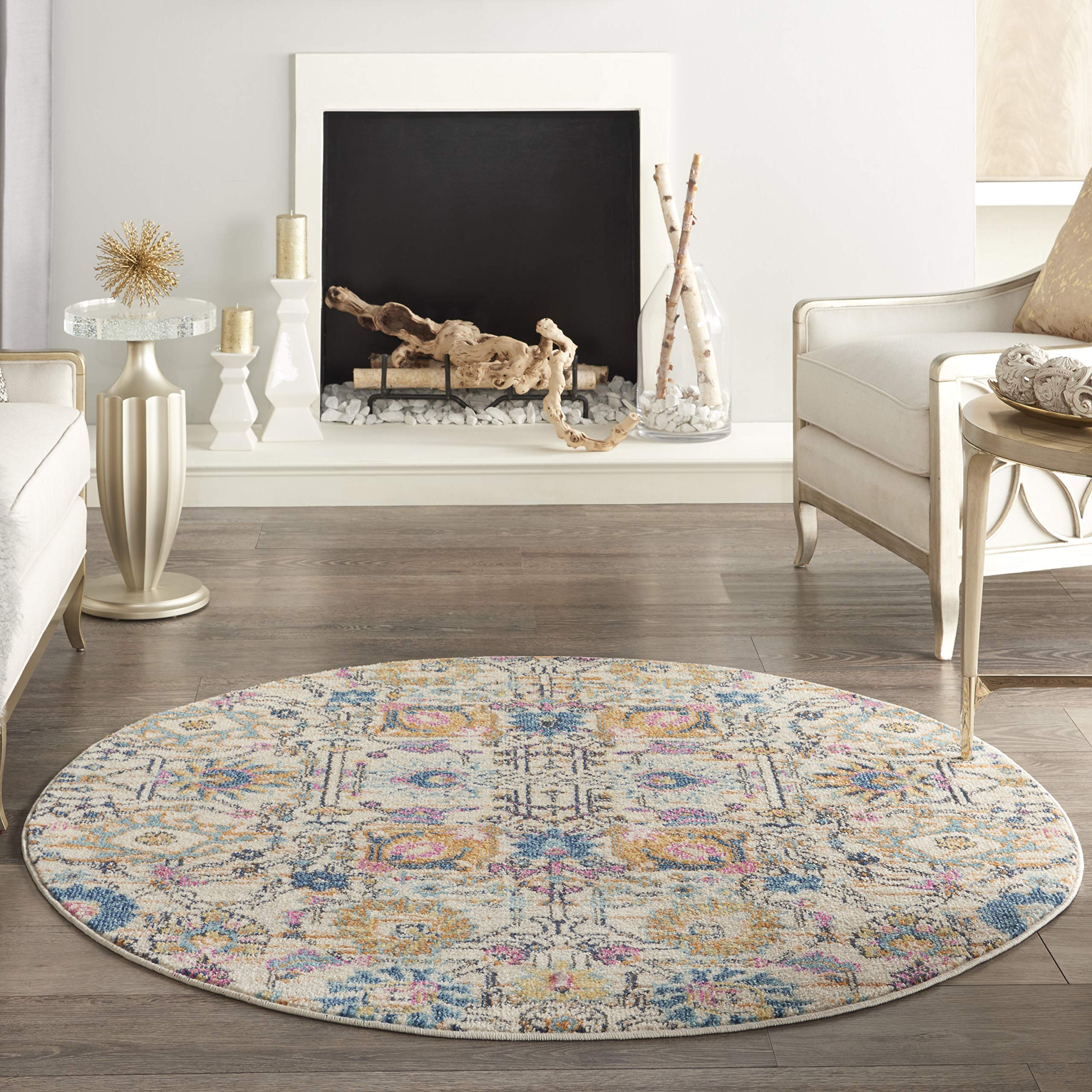 Nourison Passion Ivory/Multi 4' Round Boho Moroccan Area Rug - Non-Shedding, Easy to Clean - Perfect for Bedroom, Living Room, Dining Room & Kitchen Decor