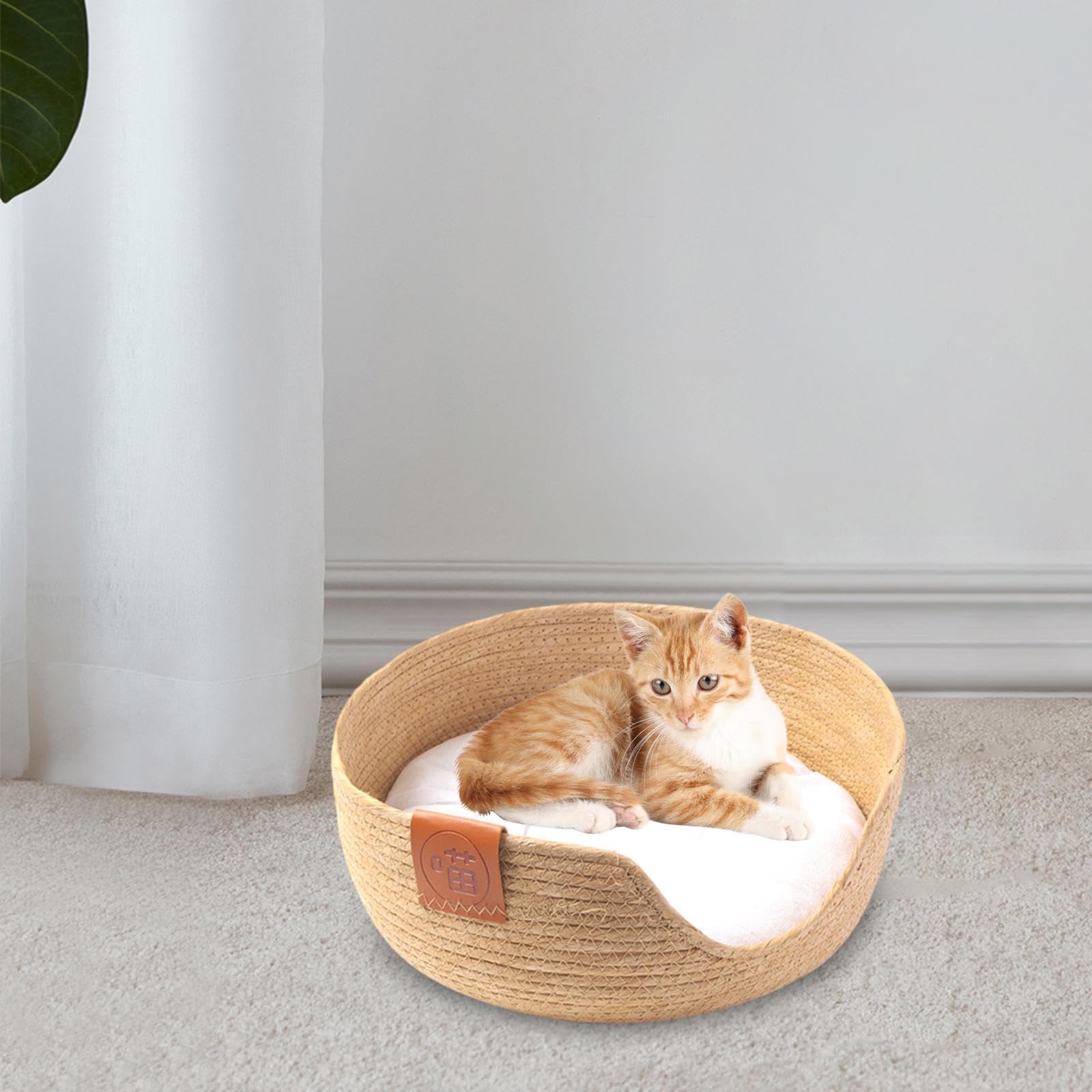 Cozy Straw Weave Pet Bed - Round Cat & Dog Bed with Removable Cushion for Kittens, Puppies & Rabbits | Perfect for Living Room, Bedroom & Pet Napping Areas
